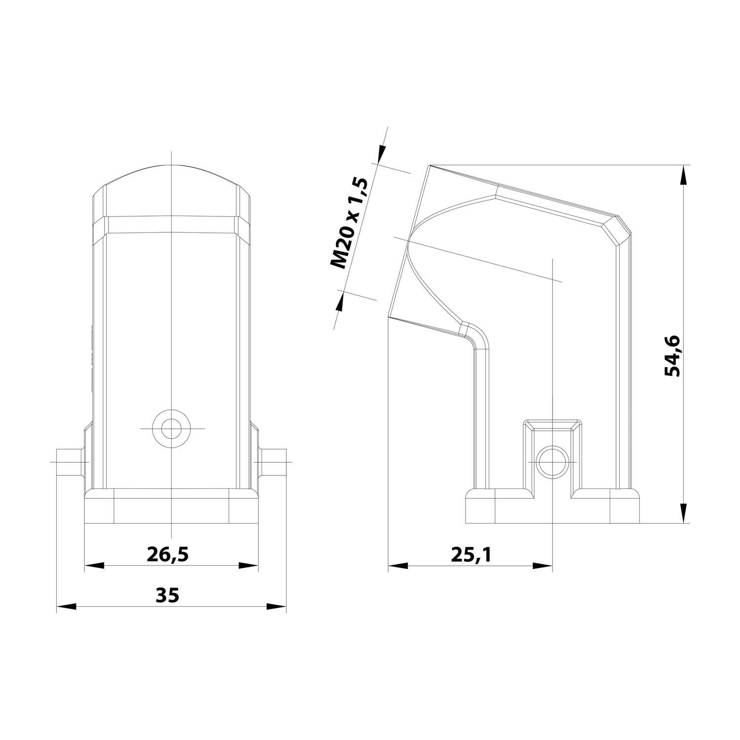 HARTING Han 3A Tüllengehäuse ohne eingeklebte Dichtung, 1xM20 seitlicher Kabelabgang, für 1 Bügel (am Unterteil)