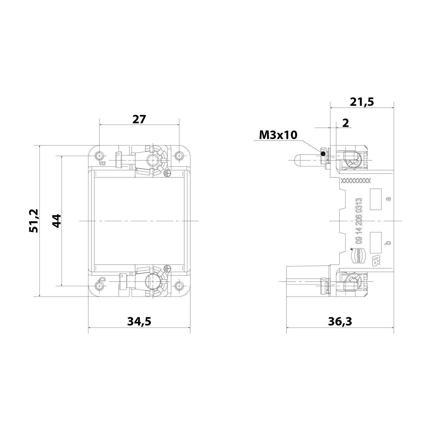 HARTING Han HMC Gelenkrahmen (F), Baugröße 6B Buchse, für 2 Module Querschnitt PE 1mm² - 2,5mm² / 4mm² - 10mm²
