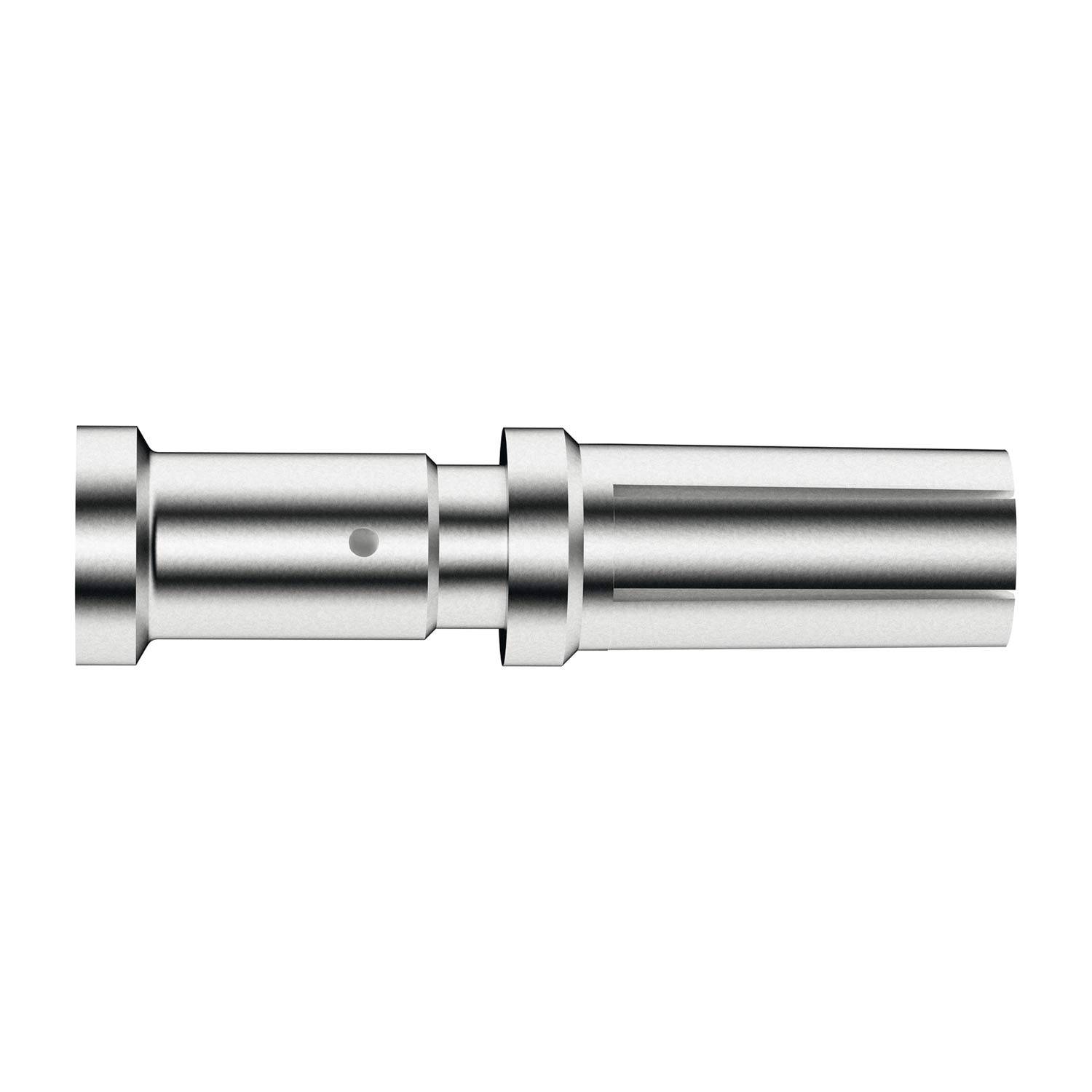 Ein silbernes Metallzylinderstab- oder Werkzeugkomponententeile, das horizontal auf weißem Hintergrund gezeigt wird.