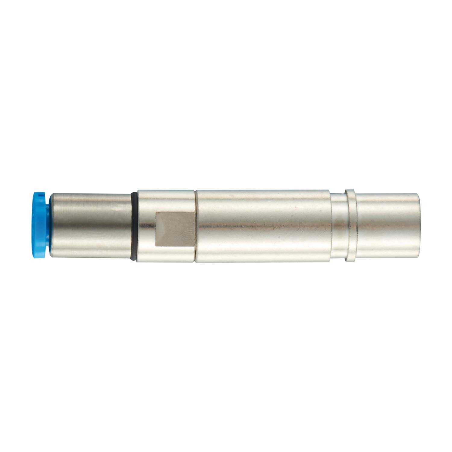 Metallische zylindrische mechanische Komponente mit blauer Kappe, horizontal auf weißem Hintergrund dargestellt.