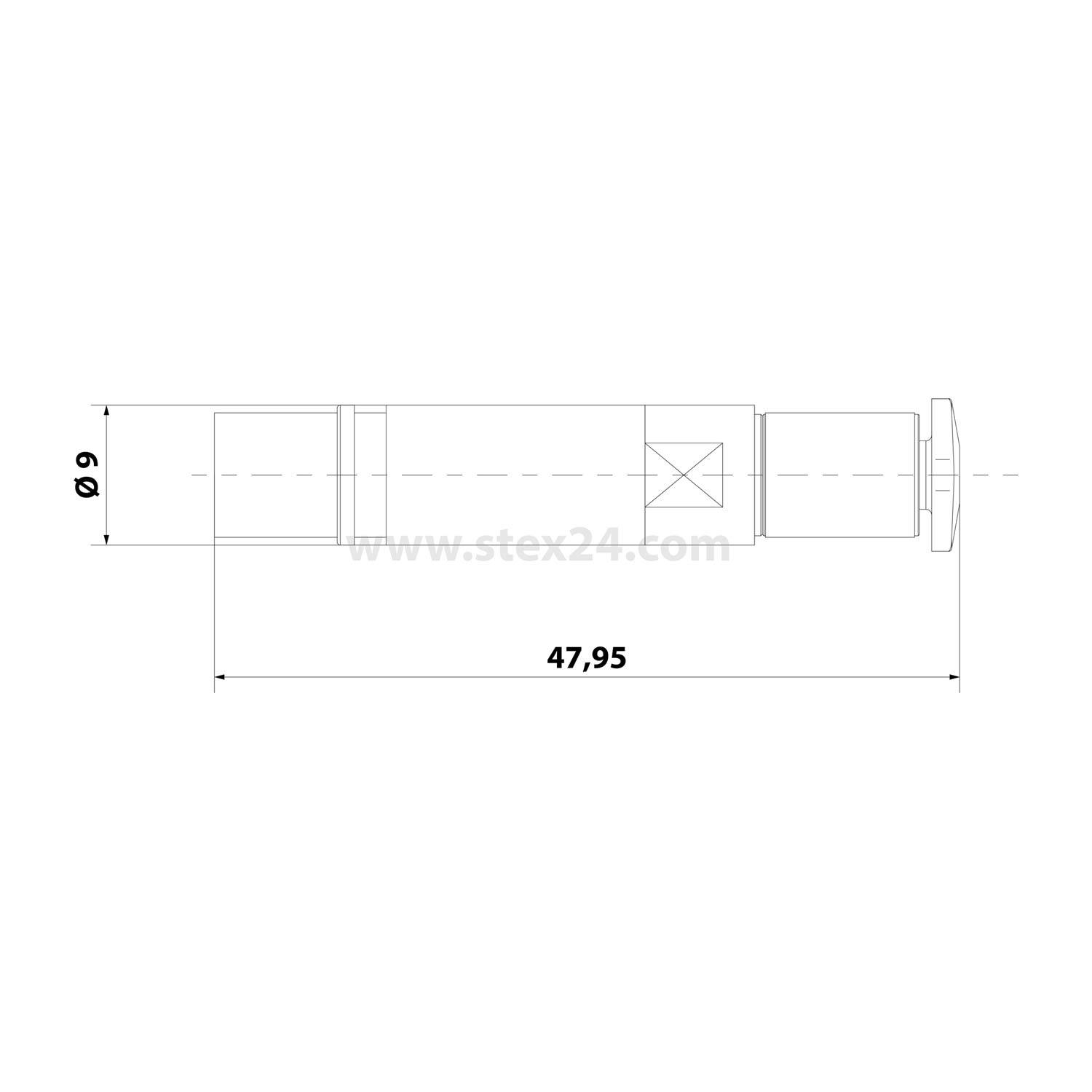 Technische Strichzeichnung einer zylindrischen Befestigung oder Stift mit Flansch; beschriftet mit Durchmesser "Ø9"" und Gesamtlänge ""47,95"".
