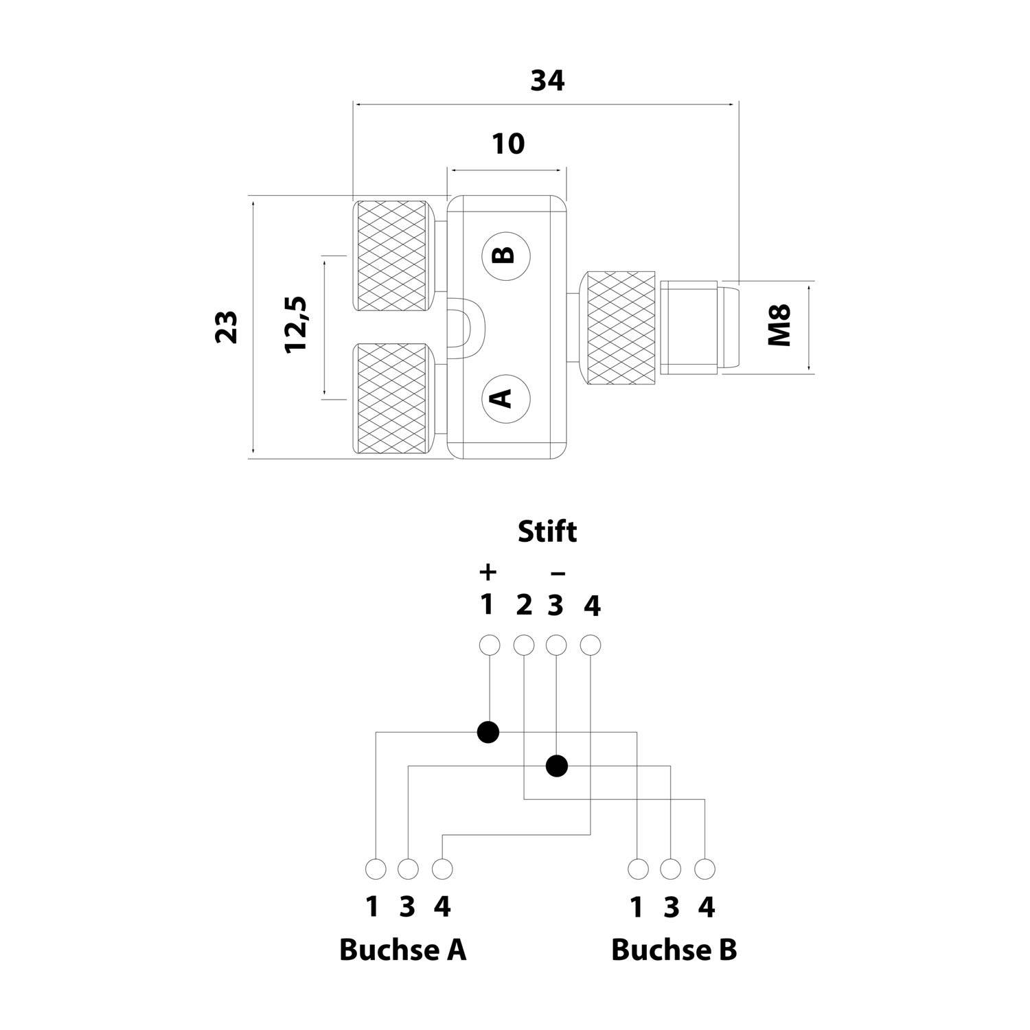 Phoenix Contact M8/M8/M8 Y-Verteiler 1xStift/2xBuchse gerade 4/3-pol. A-Kodierung, 60V, 4A Bauform Seite 1 1xM8 gerade
