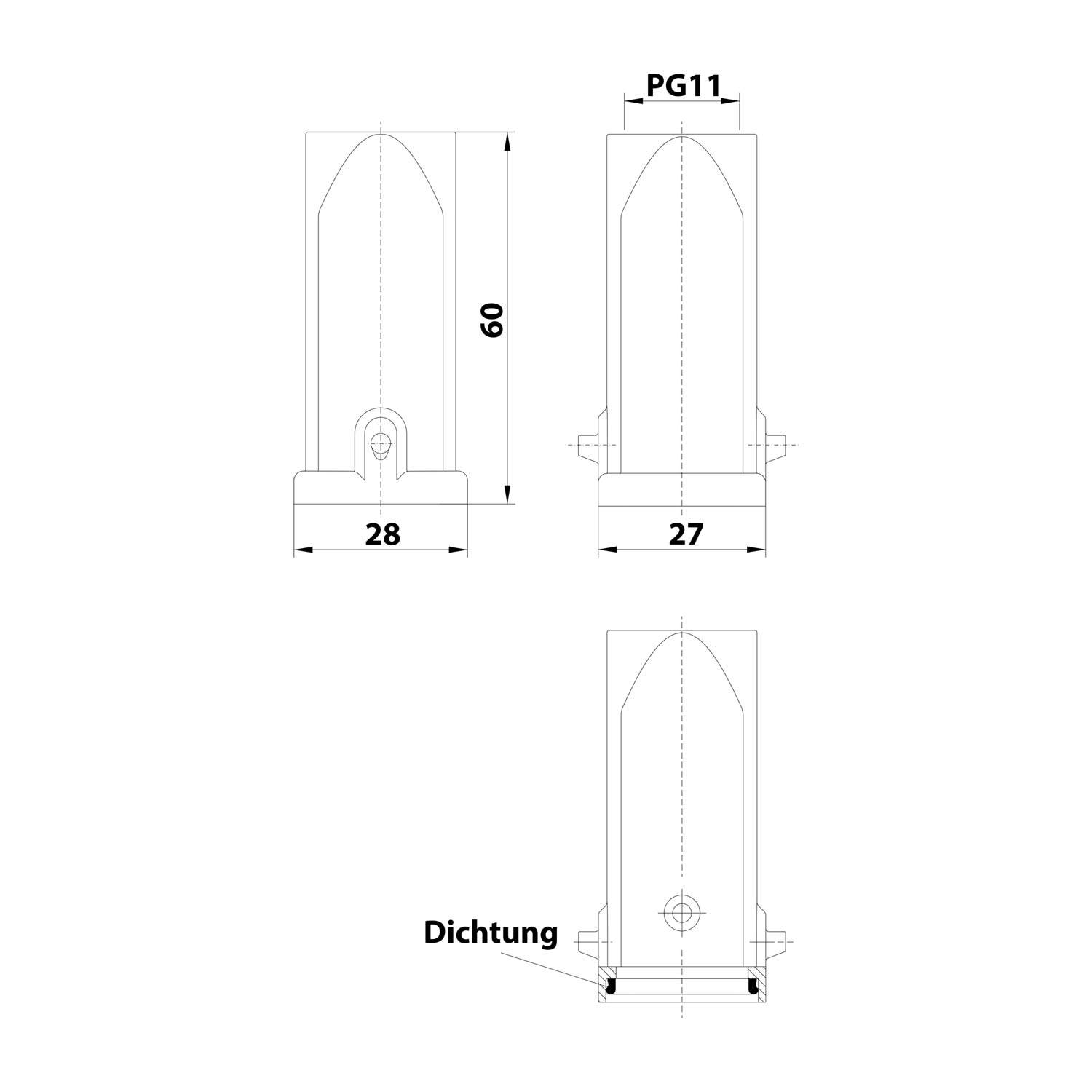 HARTING Han 3A Tüllengehäuse mit eingeklebter Dichtung, 1xPG11 gerader Kabelabgang, für 1 Bügel (am Unterteil)