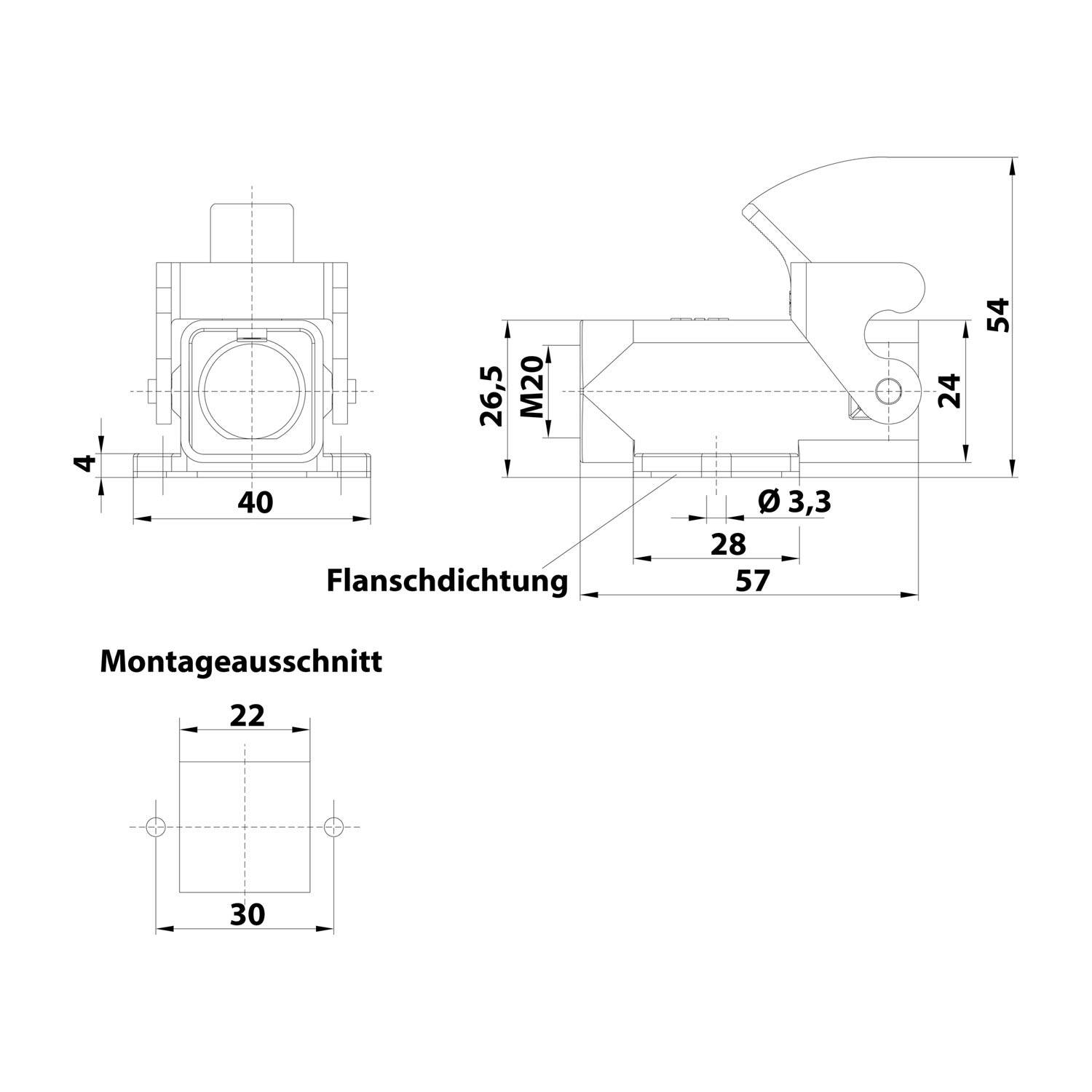 HARTING Han 3A Sockelgehäuse mit offenem Boden, 1xM20 gerader Kabelabgang, mit 1 Bügel Verschraubung M20 Klemmbereich