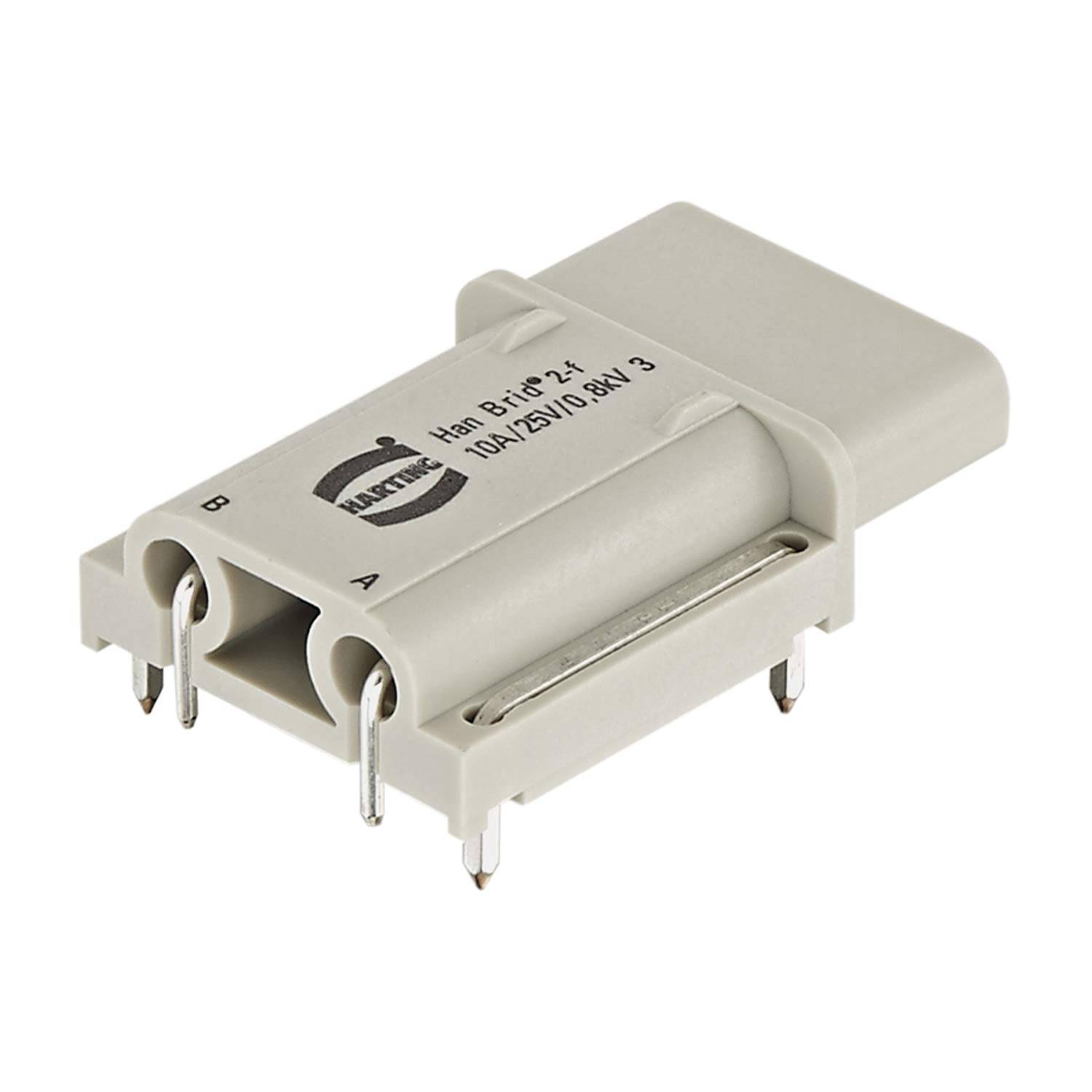 Weißer zweipoliger elektrischer Steckverbinder mit beschrifteten A- und B-Anschlüssen auf einem einfachen Hintergrund.