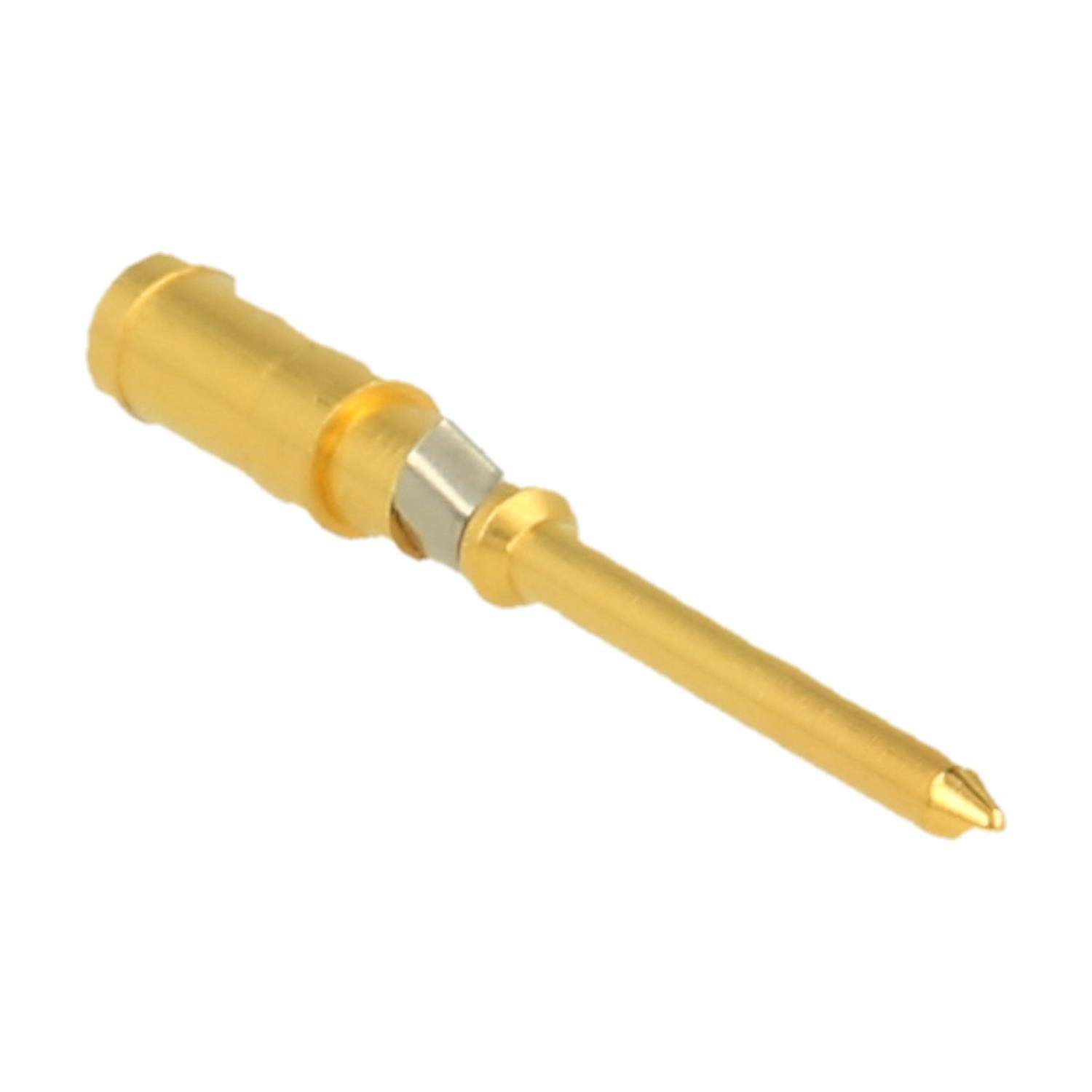 Goldener elektrischer Pogo-Pin-Stecker mit spitzer Spitze auf weißem Hintergrund.