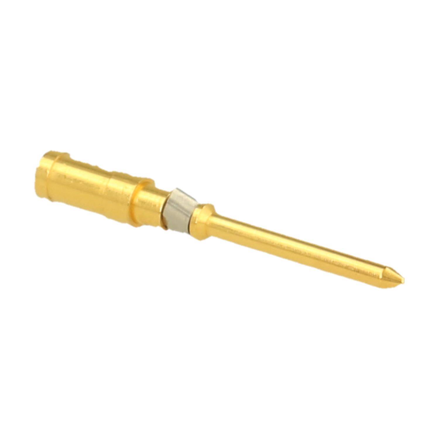Vergoldeter Metallkontaktstift mit langer spitzer Spitze und zylindrischer Basis auf weißem Hintergrund.