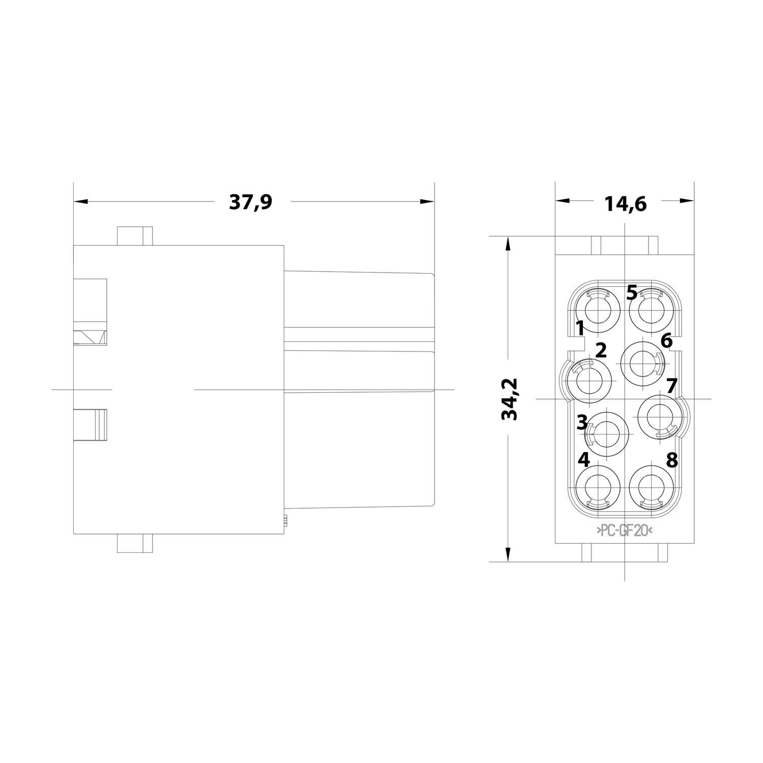 Technische Strichzeichnung eines 8-poligen rechteckigen Steckers mit Vorder- und Seitenansicht, die Abmessungen von 37,9, 34,2 und 14,6 mm sowie die nummerierten Stiftpositionen 1-8 zeigen.