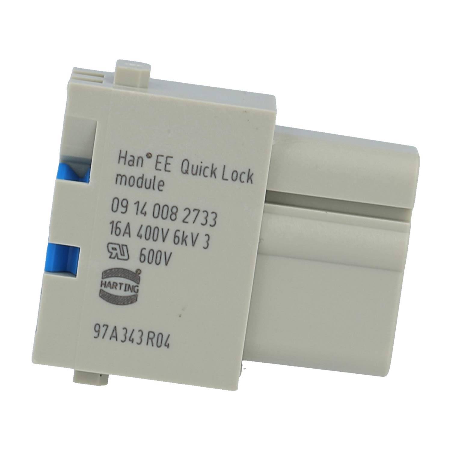 Han EE Quick Lock Modulstecker, weiß mit blauem Riegel, gekennzeichnet mit 16A 400V 6kV und Harting Teilenummer 09 14 008 2733.