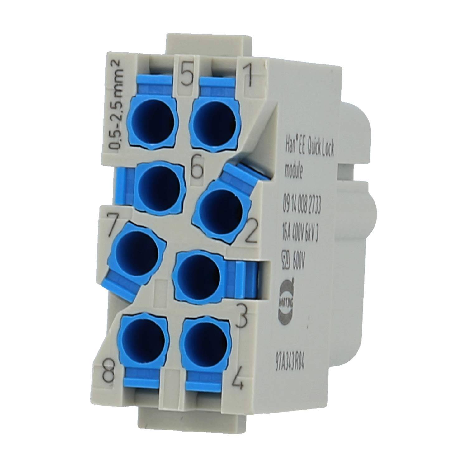 Weißer Elektroklemmenblock mit acht blauen Anschlussanschlüssen, nummeriert von 1 bis 8, vor einem einfachen Hintergrund abgebildet.
