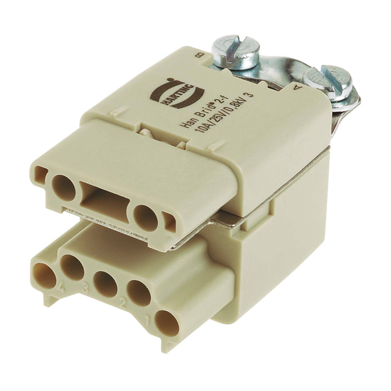 Beige rechteckiger Elektrostecker mit mehreren runden Stiftkontakten und Metallschraubklemmen oben