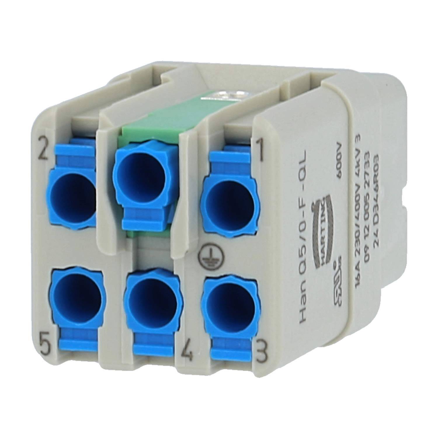Nahaufnahme eines grauen Elektrosteckerblocks mit sechs blauen Anschlüssen, nummeriert von 1 bis 5, verwendet für Verdrahtung oder Klemmenverbindungen.