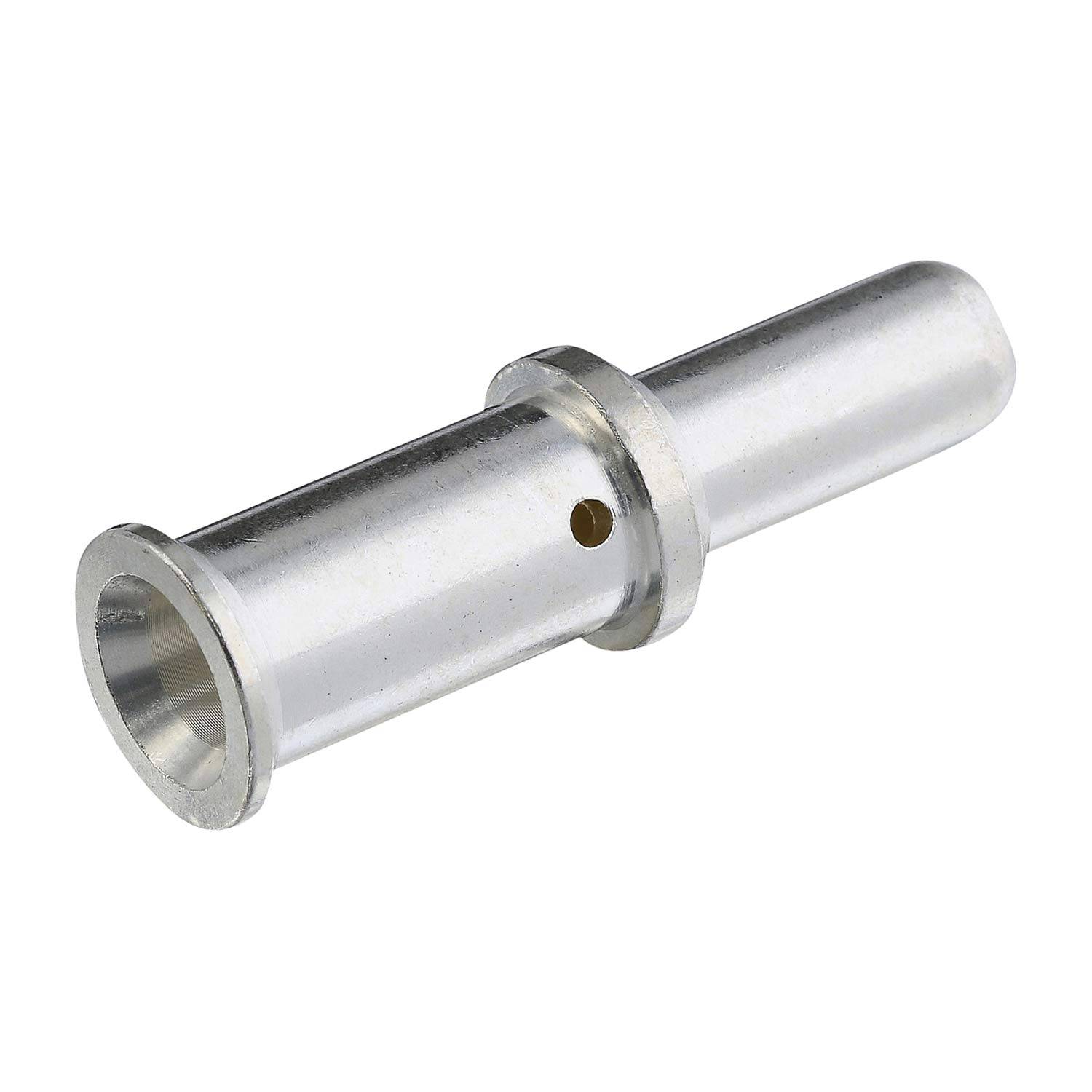 Metallrohr-Fitting-Adapter mit aufgeweiteten linken Ende, zentralem Anschlagring und glatter zylindrischer rechter Seite auf weißem Hintergrund.