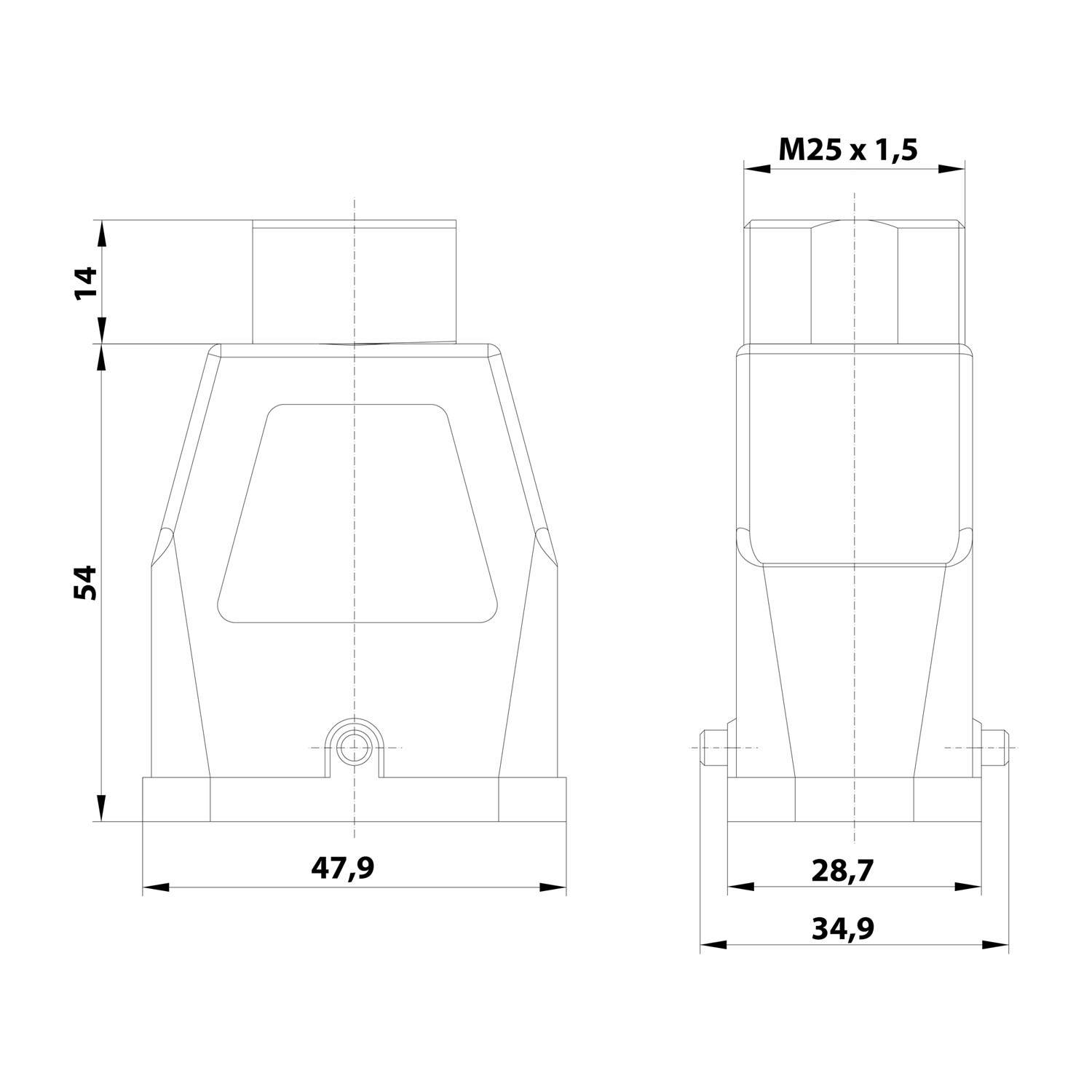 HARTING Han Q Tüllengehäuse, 1xM25 gerader Kabelabgang, für 1 Bügel (am Unterteil) Halbverschraubung Klemmbereich