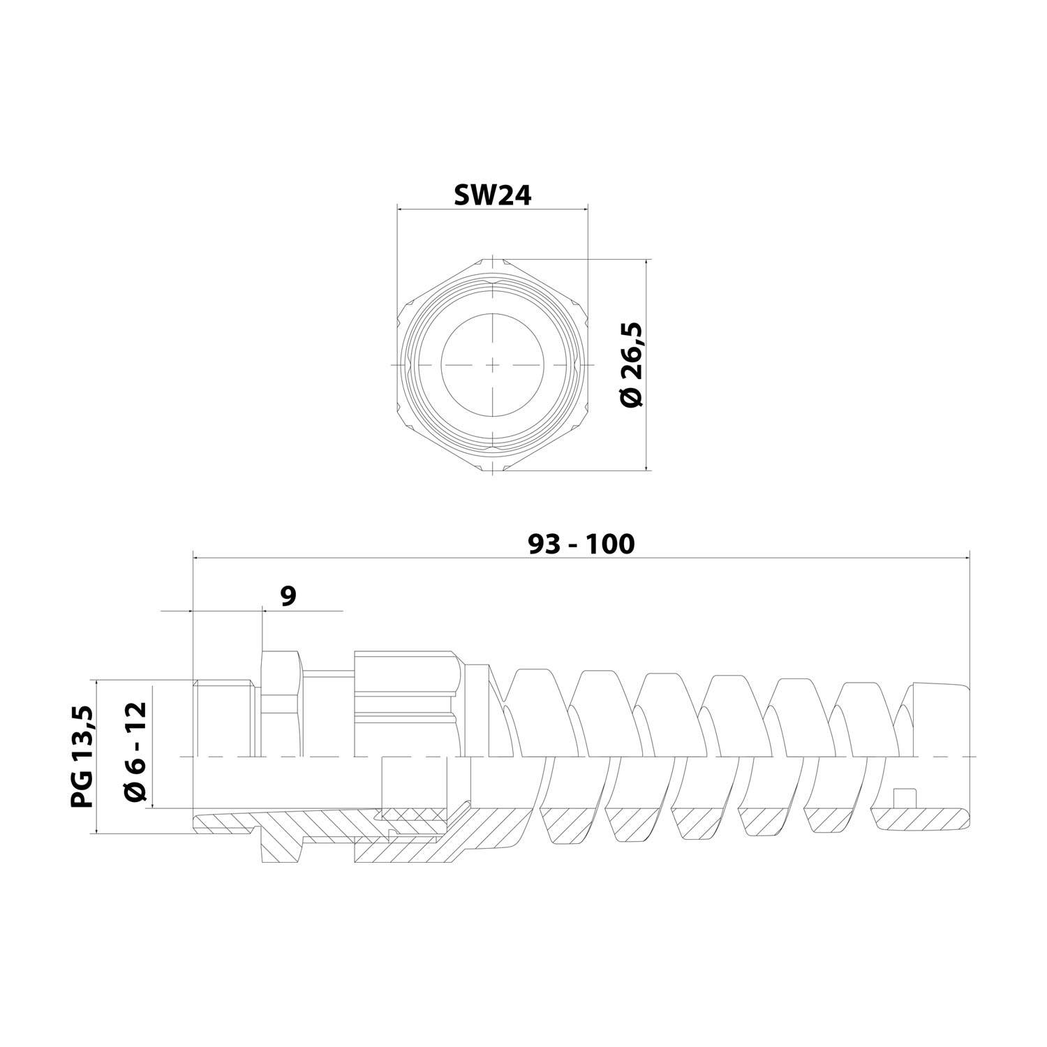 Technische Strichzeichnung einer sechskantigen Verbindung oder Befestigung mit beschrifteten Abmessungen SW24, Ø26,5, 93–100, PG13,5 und Ø6–12.