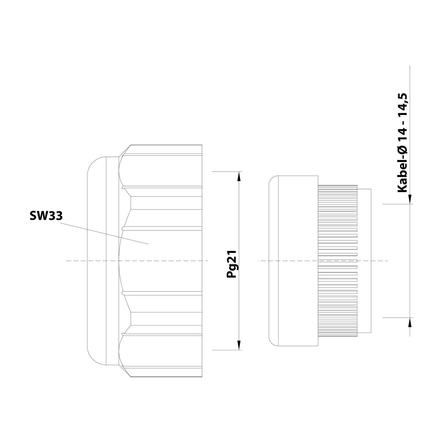 Technische Zeichnung eines zylindrischen Steckers mit den Abmessungen SW33, Pg21 und Kabeldurchmesser Ø14-14,5.