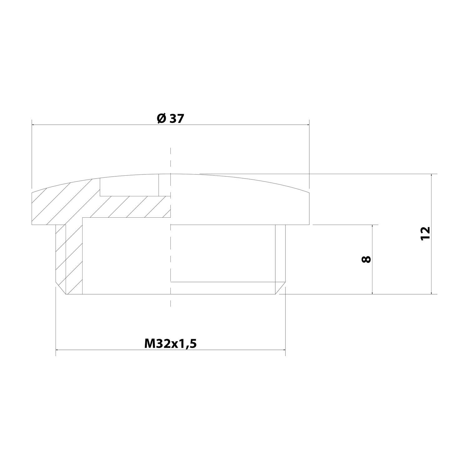 Technische Querschnittszeichnung einer Kreiskappe mit Ø37 Durchmesser, M32x1,5 Gewinde und 12 mm Gesamthöhe, mit dargestelltem Innenprofil.