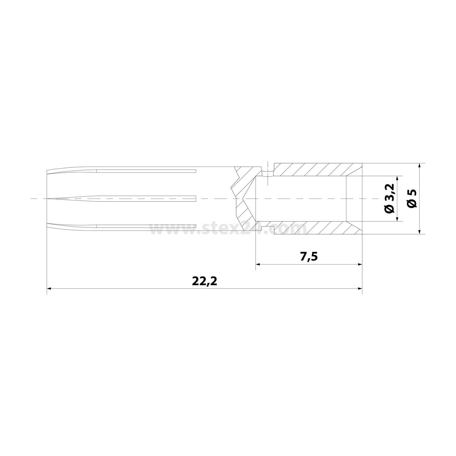 Technische Querschnittzeichnung eines zylindrischen Bauteils mit den Abmessungen 22,2 Länge, 7,5 Schnittlänge und Durchmessern Ø3,2 und Ø5.