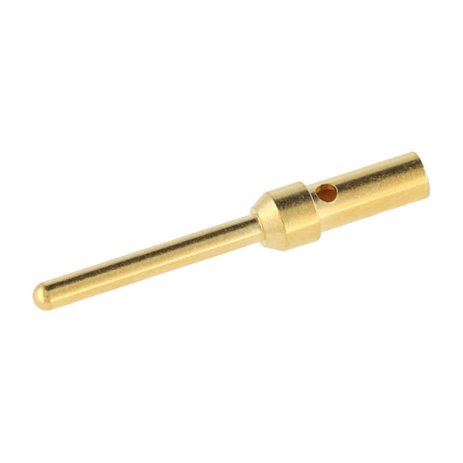 Messingmetall-Stiftstecker mit einer langen verjüngten Spitze und zylindrischem Körper auf weißem Hintergrund.
