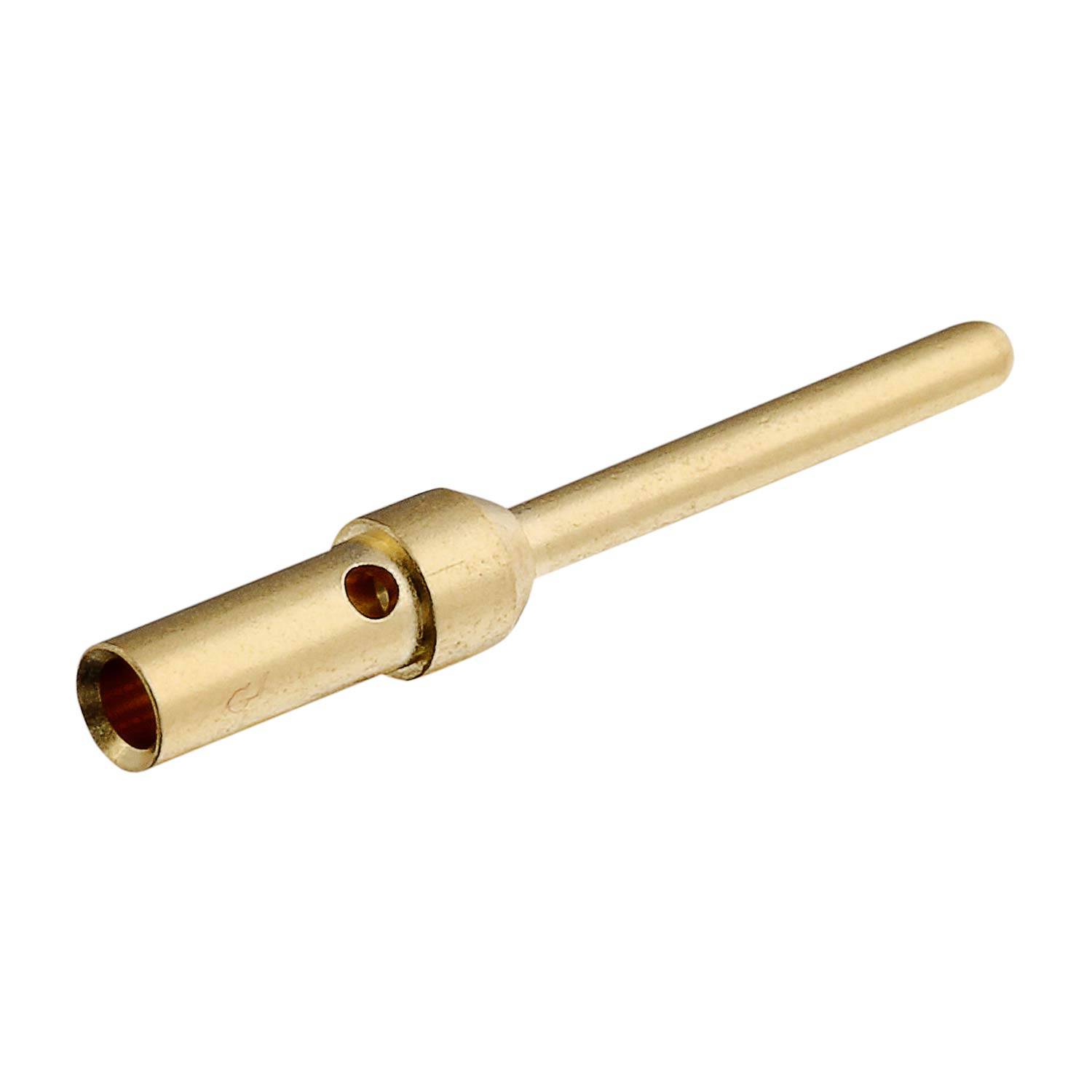 Goldmetallrohrverbinder mit langem, schmalem Schaft und offener zylindrischer Öffnung, dargestellt auf weißem Hintergrund.
