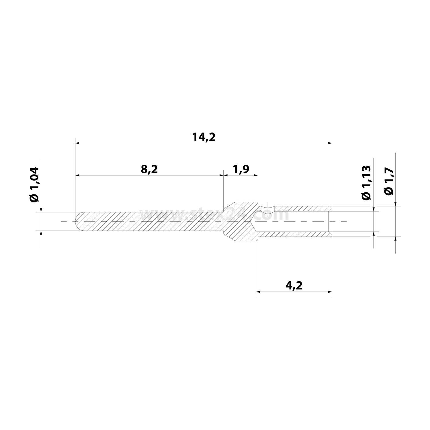 Technische Zeichnung eines kleinen gestuften zylindrischen Stifts oder Steckers, Seitenansicht mit Abmessungen 14,2, 8,2, 1,9, 4,2 und Durchmessern Ø1,04, Ø1,13, Ø1,7.