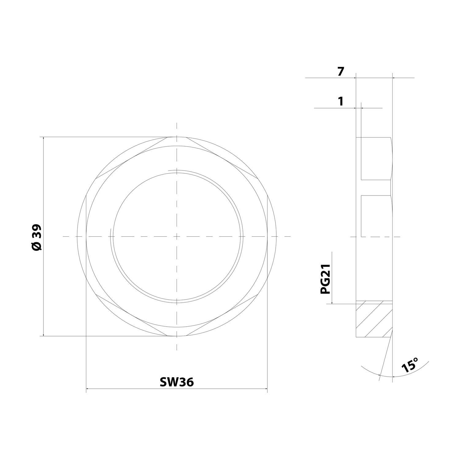 Technische Zeichnung eines kreisförmigen Teils: Vorderansicht mit Markierungen Ø39 und SW36, mit Seitenansicht mit Abmessungen 7 mm und 1 mm, PG21-Gewinde und 15°-Verjüngung.