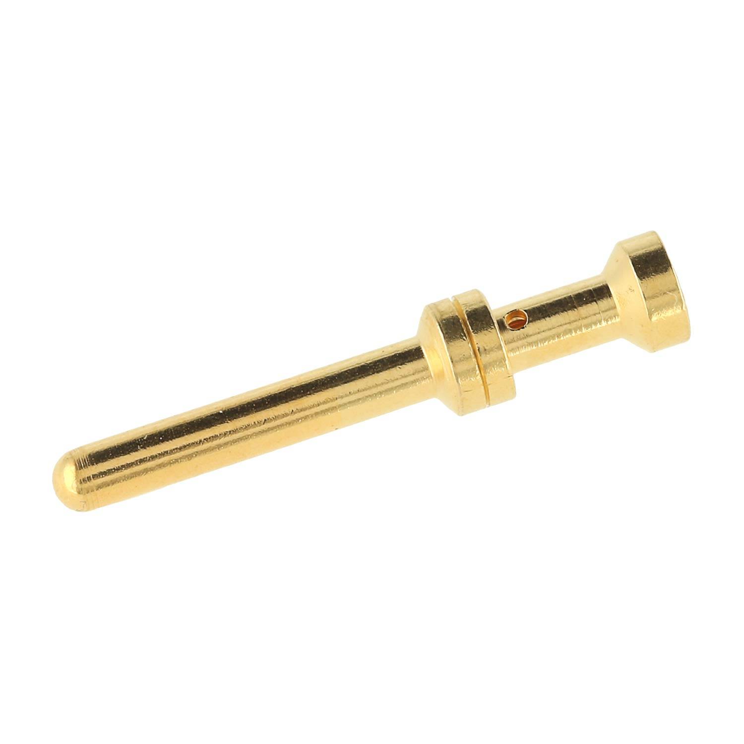 Goldmetall-Steckverbinder mit langem Schaft, Mittelring und flachem Kopf auf weißem Hintergrund.