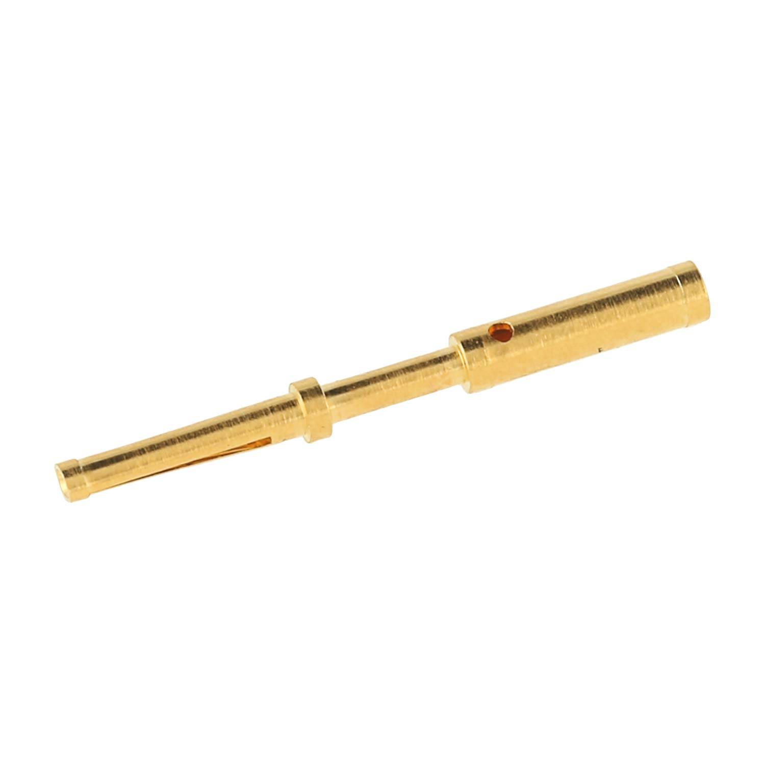 Ein goldfarbener Metallsteckverbinder oder Adapter mit zylindrischen Enden, gezeigt auf weißem Hintergrund.