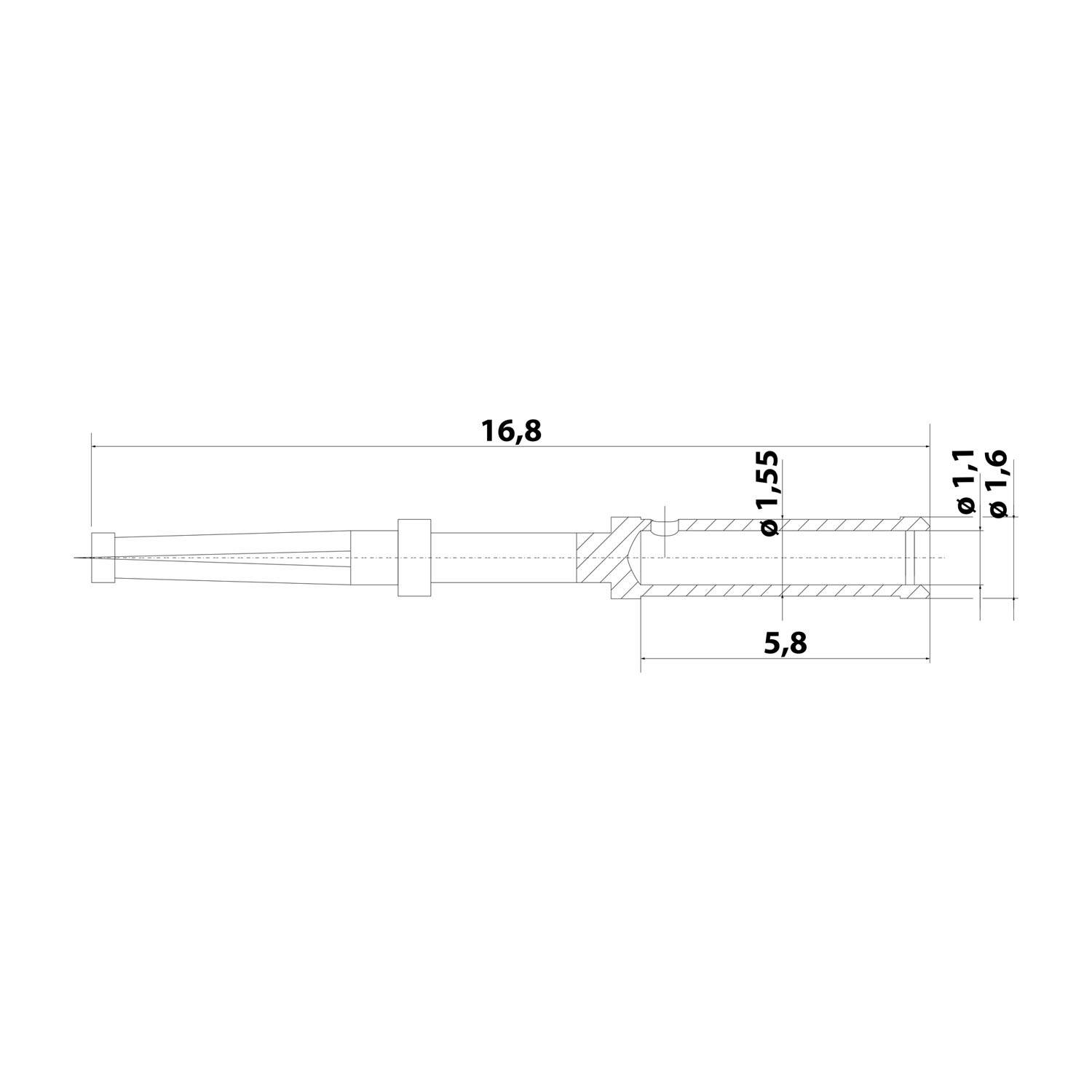 Technische Zeichnung eines kleinen zylindrischen Teils, die einen seitlichen Querschnitt mit Abmessungen 16,8, 5,8 und Durchmessern 1,1, 1,6 und 1,55 zeigt.