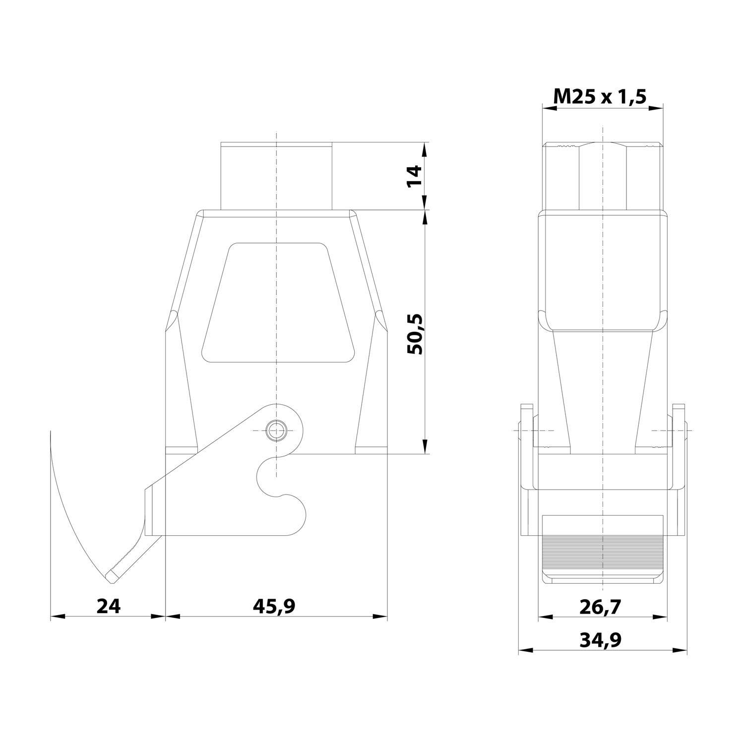 Technische Linienzeichnung eines mechanischen Schneidewerkzeugs oder hakenartigen Werkzeugs in Vorder- und Seitenansicht mit beschrifteten Abmessungen, einschließlich M25 x 1,5, 24, 45,9, 26,7, 34,9, 50,5 und 14.