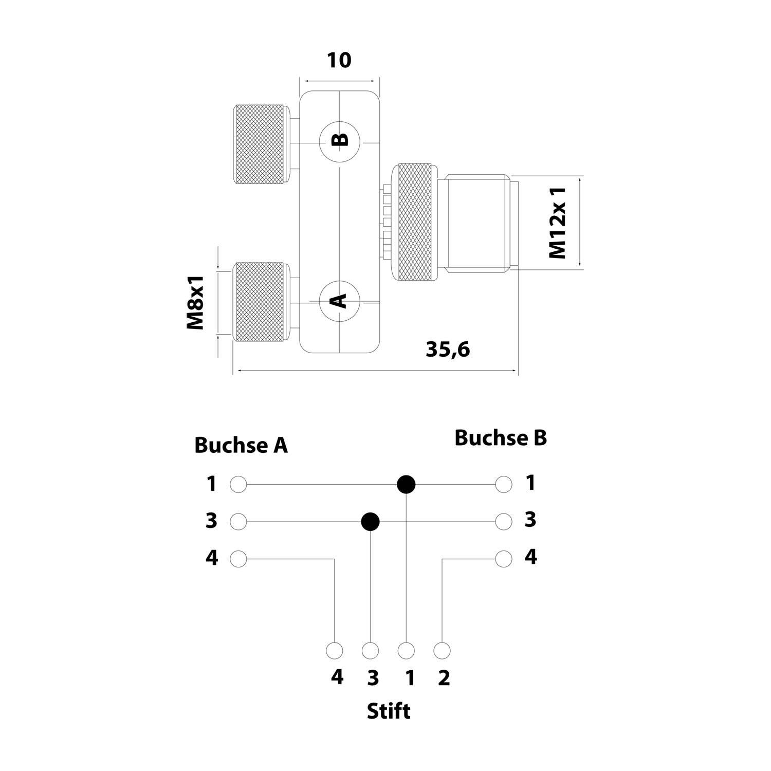 Phoenix Contact M12/M8/M8 Y-Verteiler 1xStift/2xBuchse gerade 4/3-pol. A-Kodierung, 60V, 4A Bauform Seite 1 1xM12