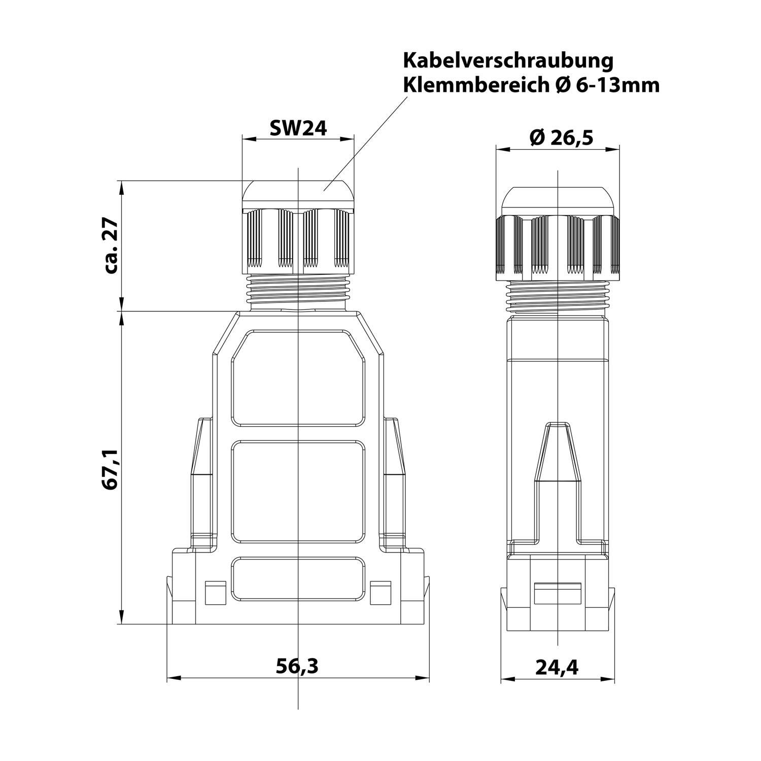 Technische Zeichnung einer Kabelverschraubung mit Abmessungen und zwei Ansichten; gekennzeichnet mit Kabelklemmbereich 6-13 mm, SW24, Ø26,5, 67,1, 56,3, 24,4 und ca. 27.