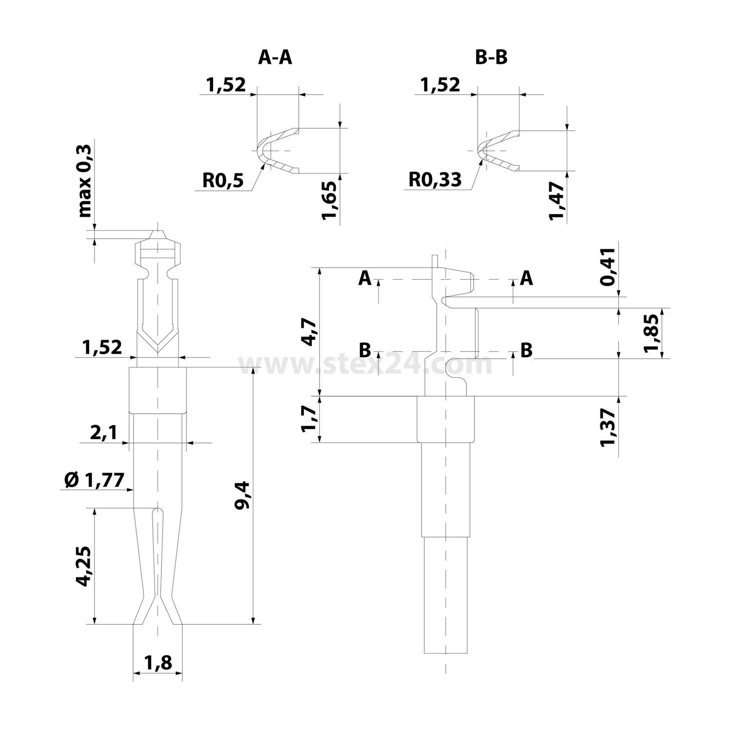 Technische Strichzeichnung eines kleinen Metallverbindungsstifts/Anschlusses mit Seiten- und Frontansicht, beschriftet mit A-A und B-B Querschnitten und detaillierten Abmessungen in Millimetern.