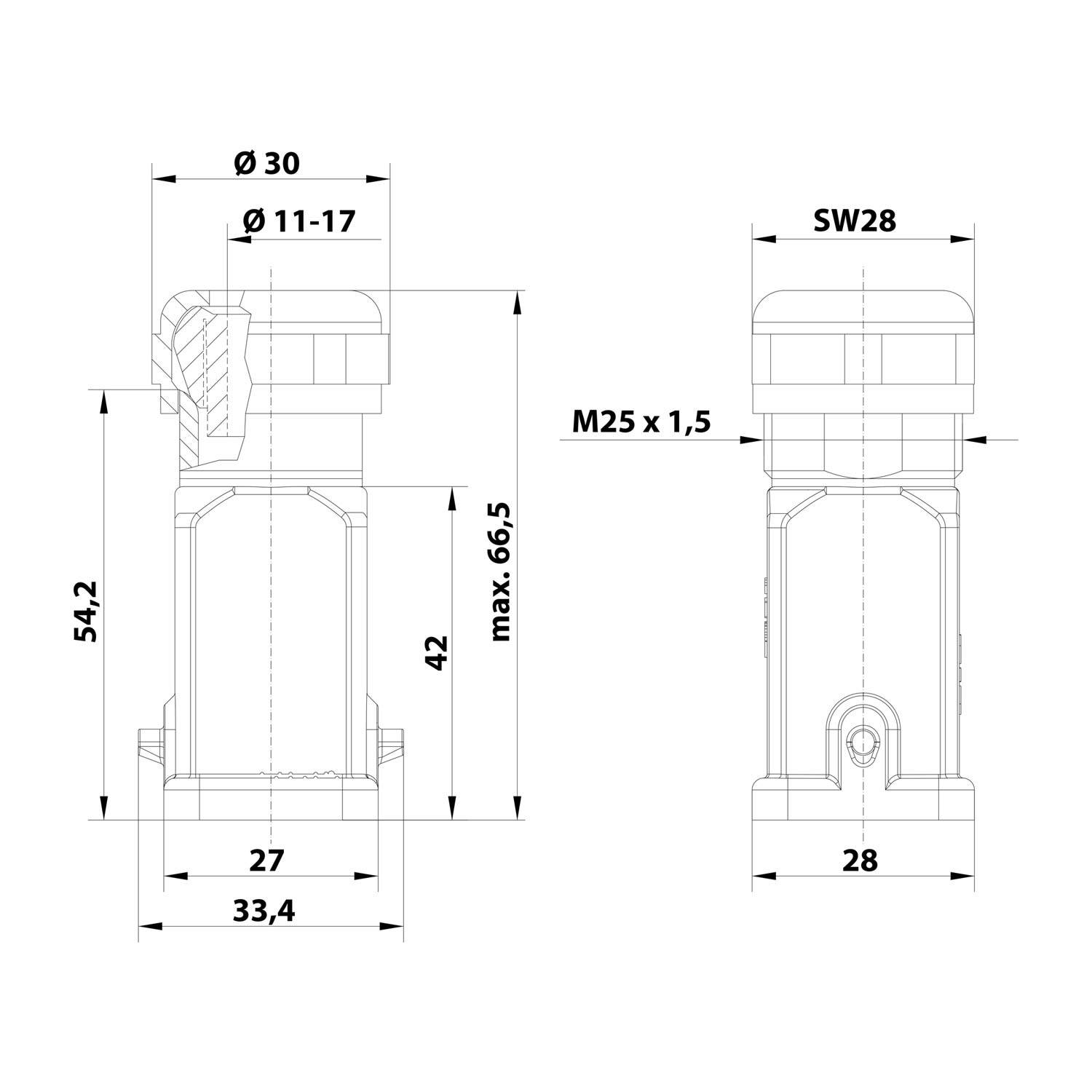 HARTING Han 3A Tüllengehäuse ohne eingeklebte Dichtung, 1xM25 gerader Kabelabgang, für 1 Bügel (am Unterteil)