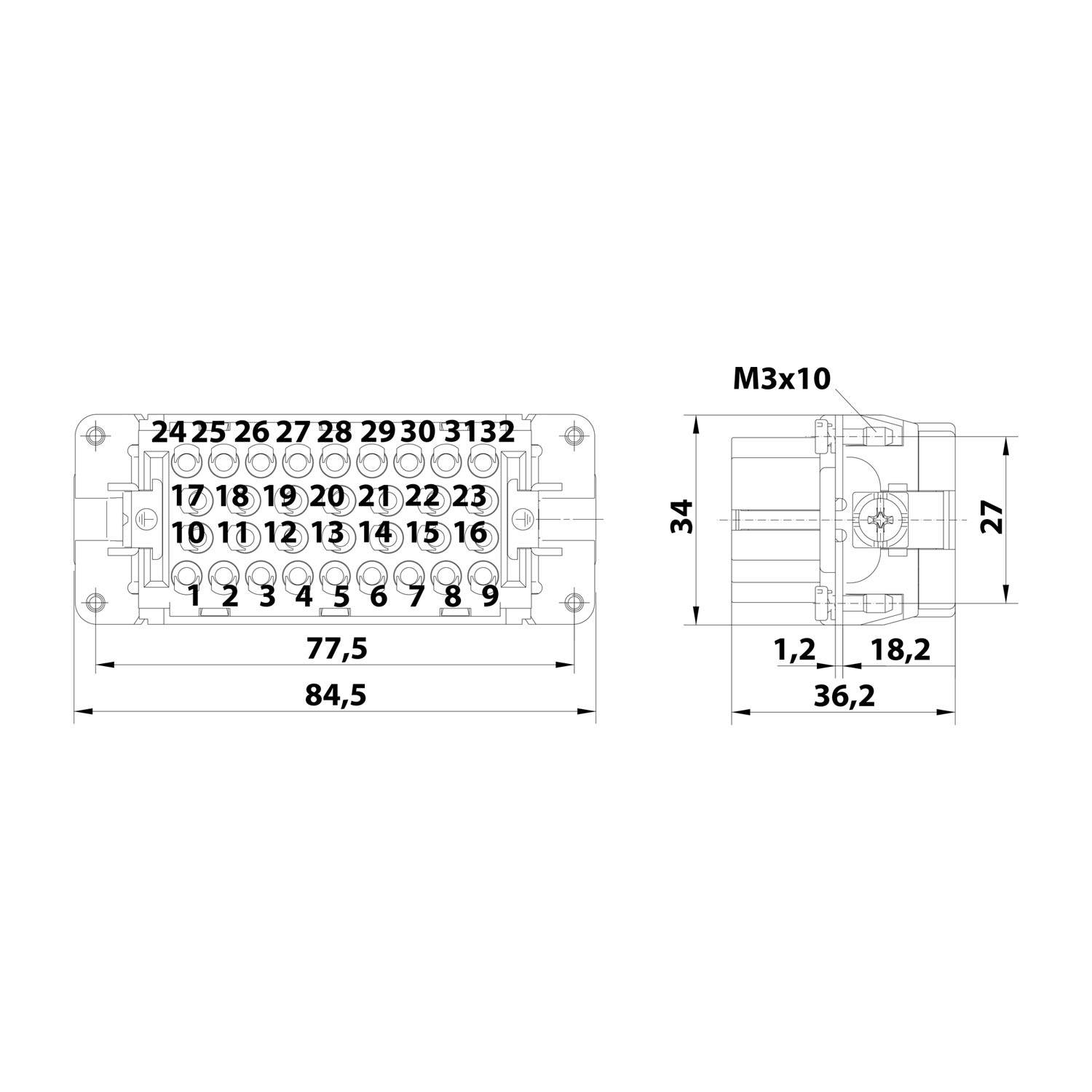 HARTING Han 32EE Buchseneinsatz (F) Crimpanschluss, 32-polig+PE 500V, 16A - 1 Stück