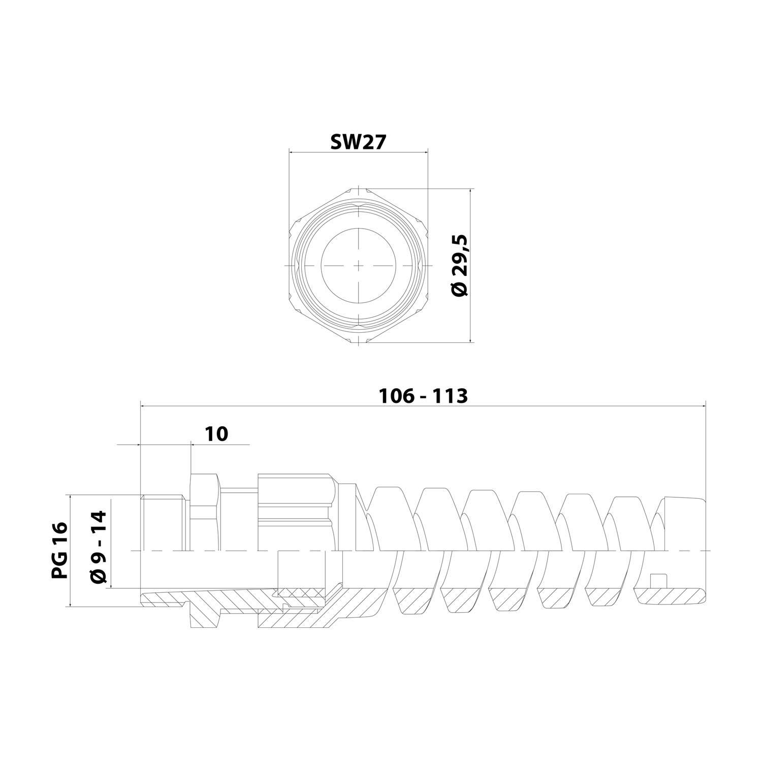 Technische Strichzeichnung einer Kabelverschraubung mit Draufsicht und Seitenansicht, gekennzeichnet mit SW27, Ø29,5, 106-113, PG16, Ø9-14 und 10.