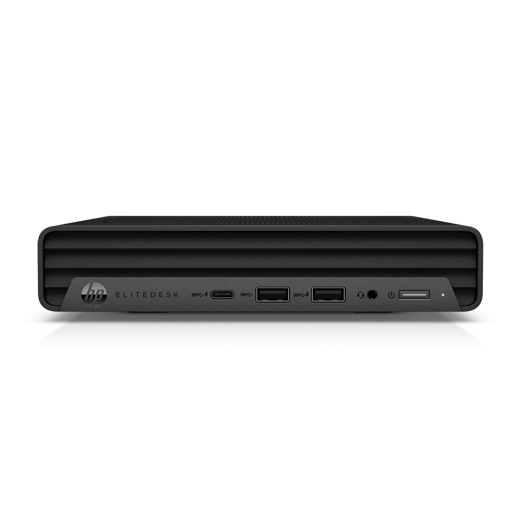 Vorderansicht eines HP EliteDesk kleinen Desktop-PCs mit vorderen USB-Anschlüssen und Ein-/Ausschalter auf weißem Hintergrund.