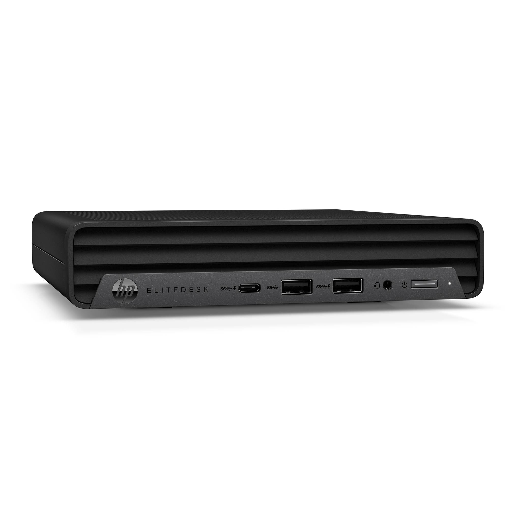 Schwarzer HP EliteDesk Desktop-Computer in Frontansicht mit sichtbarem Netzschalter, USB-Anschlüssen und Audiobuchse.