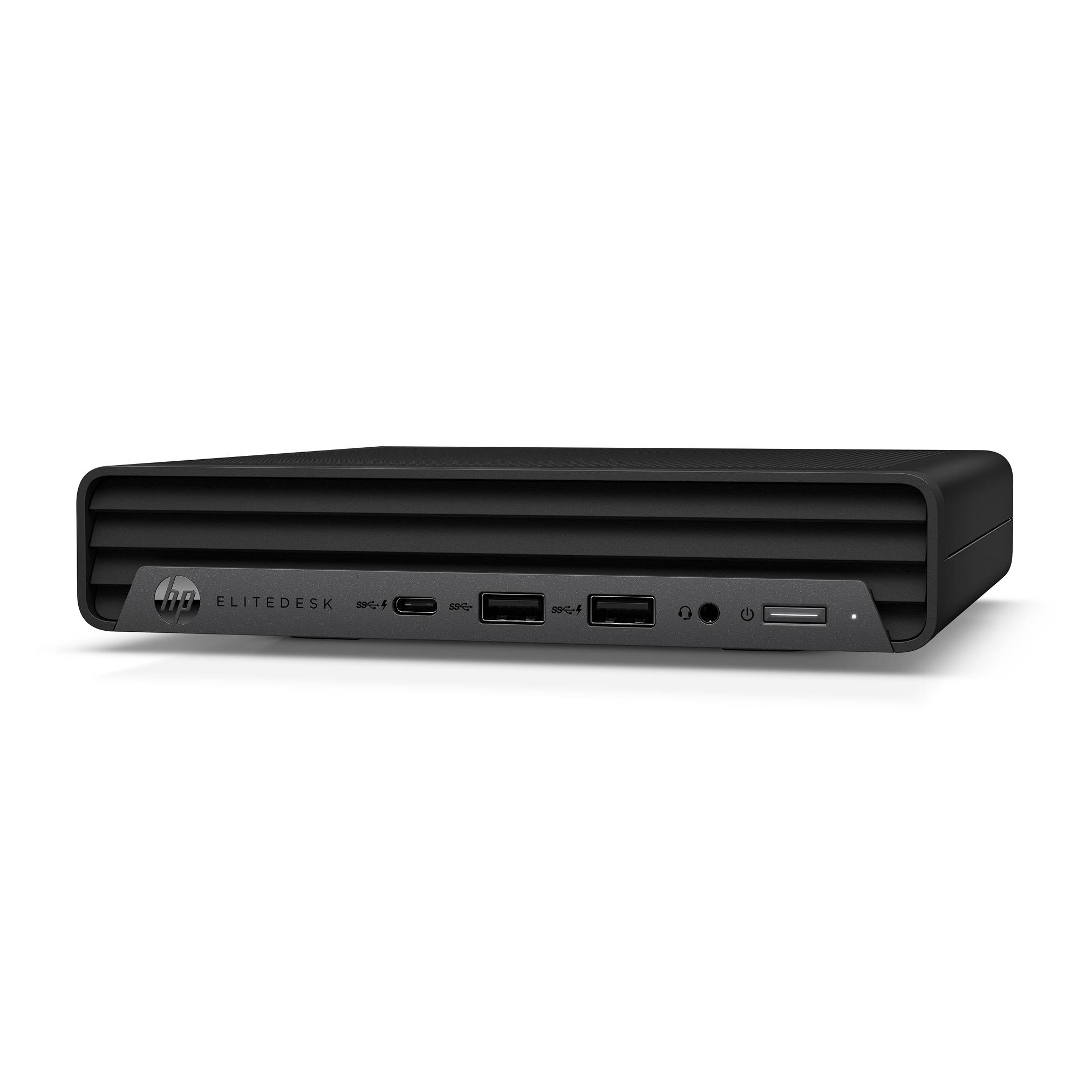 Schwarzer HP EliteDesk Mini-Desktop-Computer in Vorderansicht mit Lüftungsschlitzen, Stromschalter und USB-Anschlüssen.