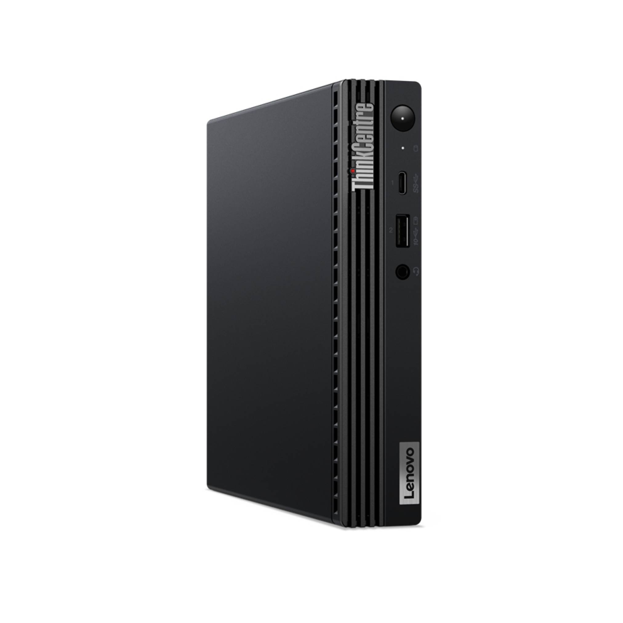 Schwarzer Lenovo ThinkCentre Desktop-Miniturm-Computer von vorne rechts gezeigt, mit sichtbarem Ein-/Ausschalter und USB-Anschlüssen.