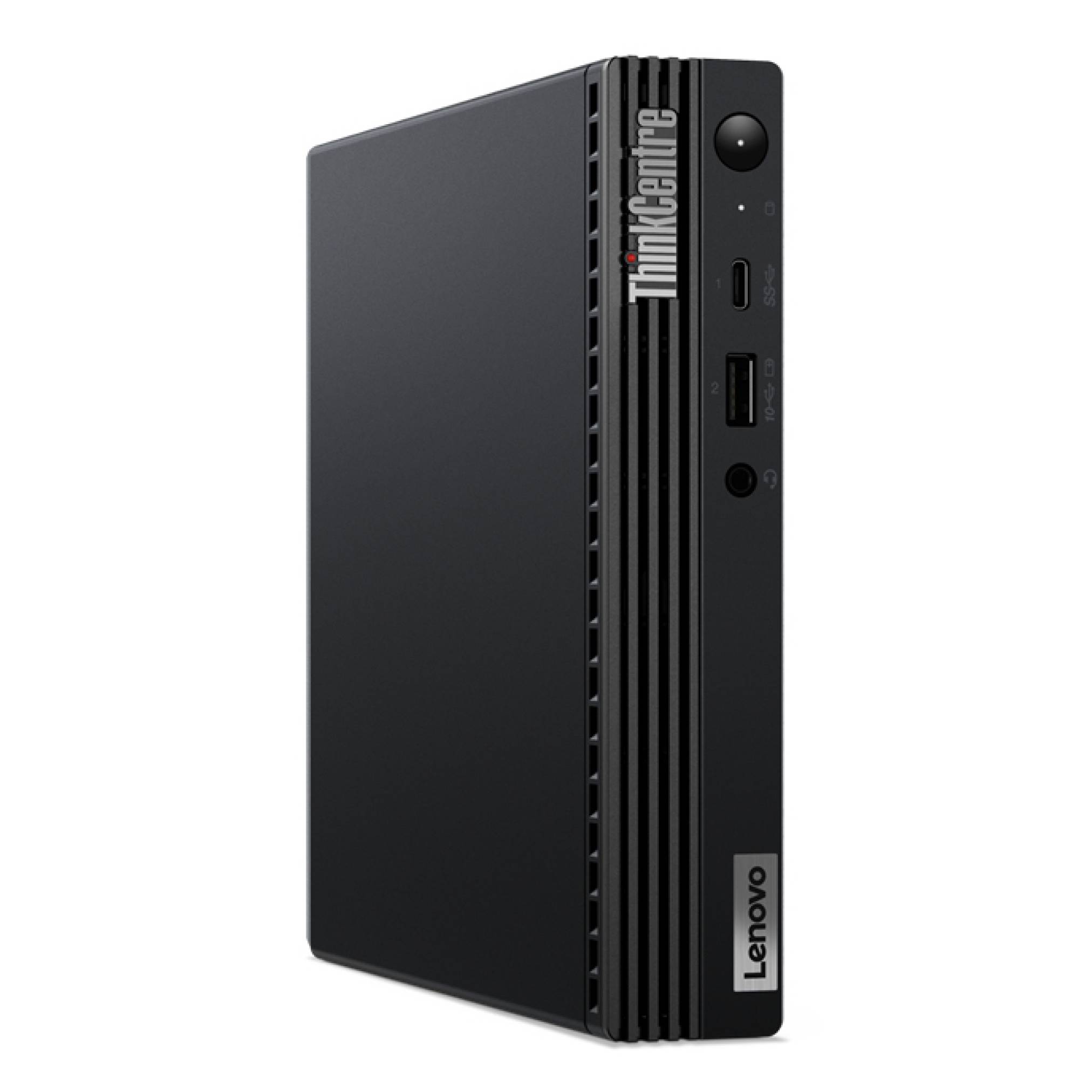 Kompakter schwarzer Lenovo ThinkCentre Mini-Desktop-Tower mit vorderem Netzschalter, USB-Anschlüssen und vertikalem 