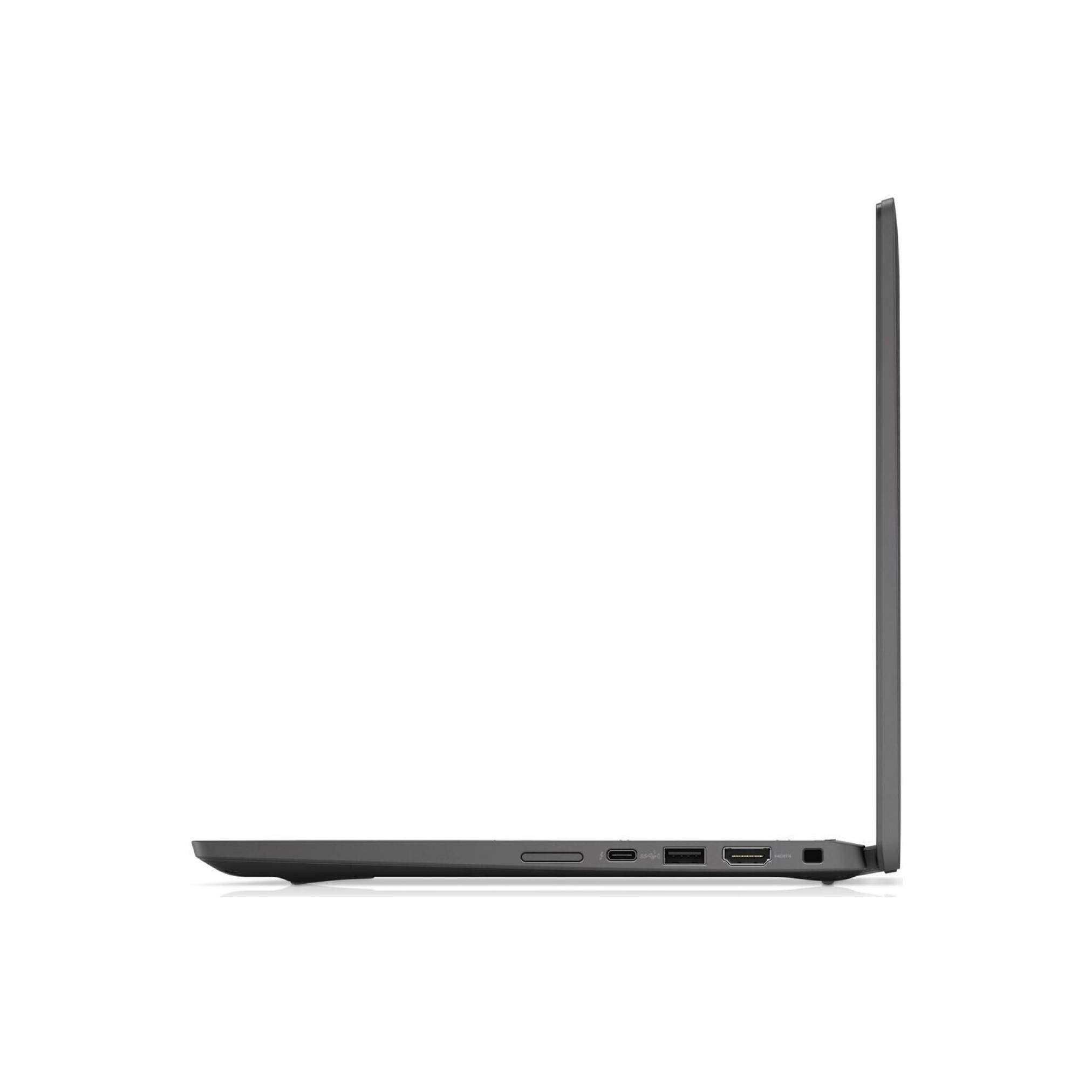 Seitenansicht eines dünnen, aufgeklappten Laptops, der sein schlankes Profil zeigt, mit aufrechtem Bildschirm und mehreren Anschlüssen entlang der Basis.