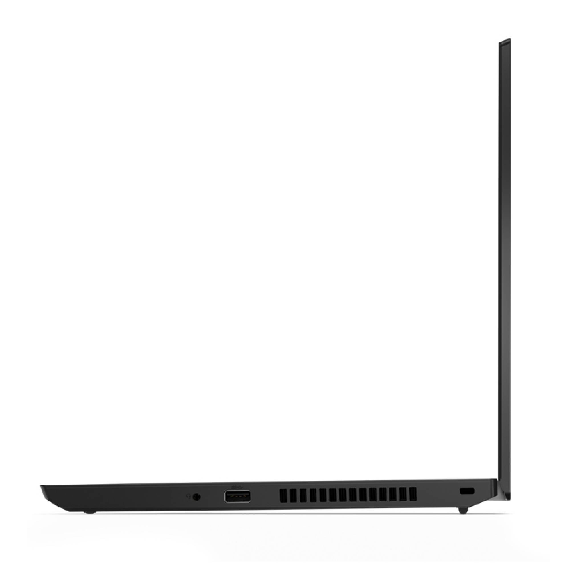 Seitenansicht eines dünnen schwarzen Laptops, der aufrecht geschlossen ist und Anschlüsse sowie Belüftungsöffnungen an der Unterseite zeigt.