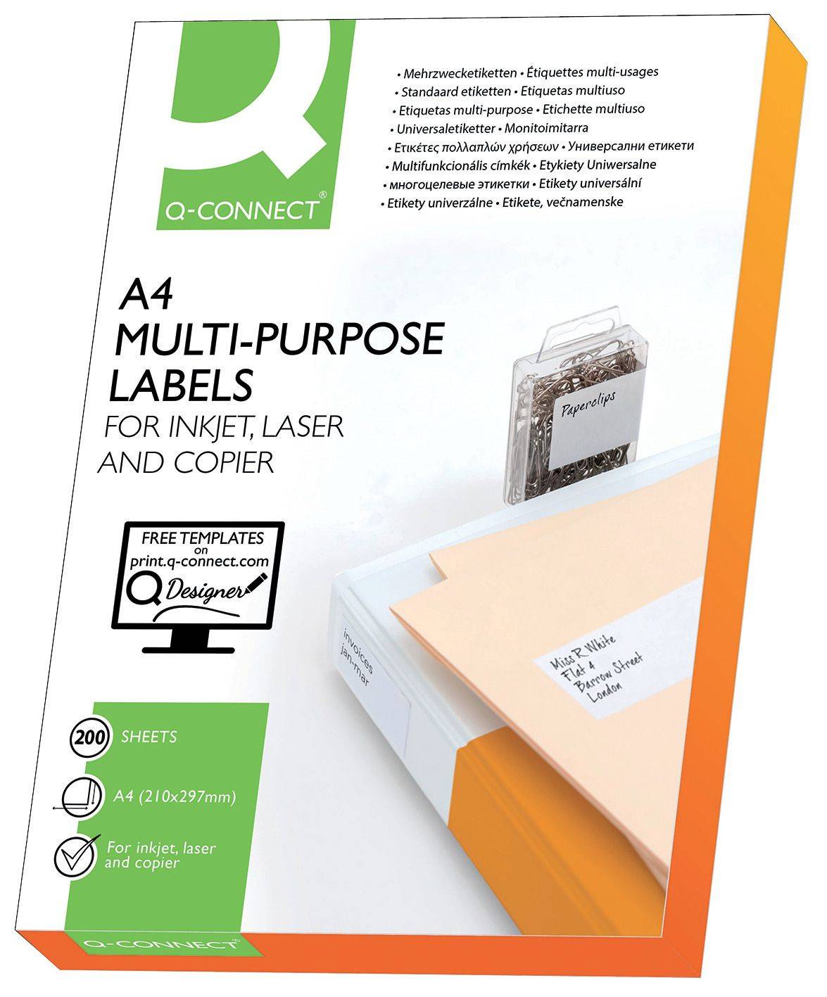 Q-CONNECT KF15568 Universal-Etiketten - 210 x 297 mm, weiß, 200 Etiketten, permanent