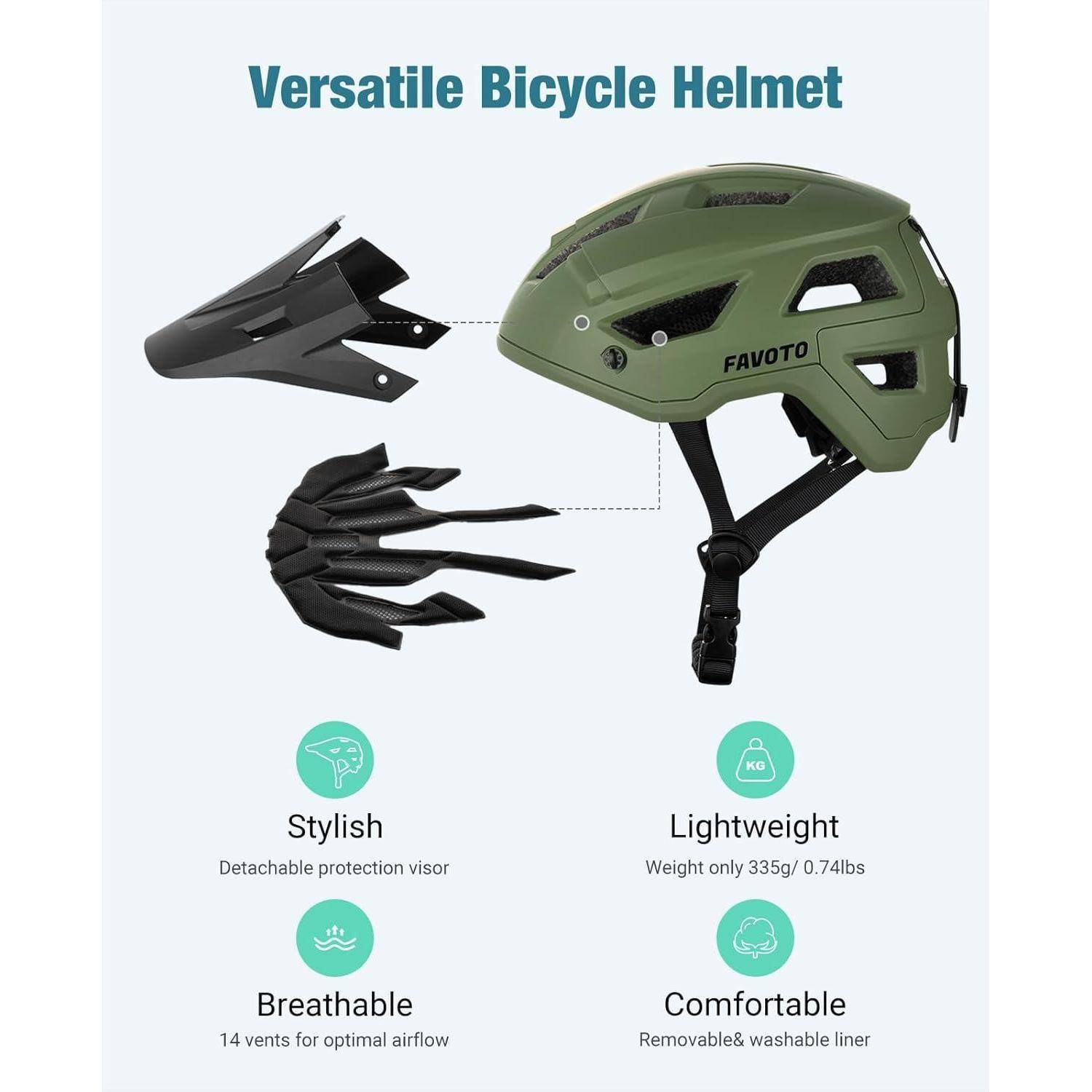 Favoto Mountainbike Fahrradhelm mit Schirm Leicht - Doppelte Inmould Technologie MTB Helm für Damen Herren Rennradhelm Armeegrün M(55-58cm)