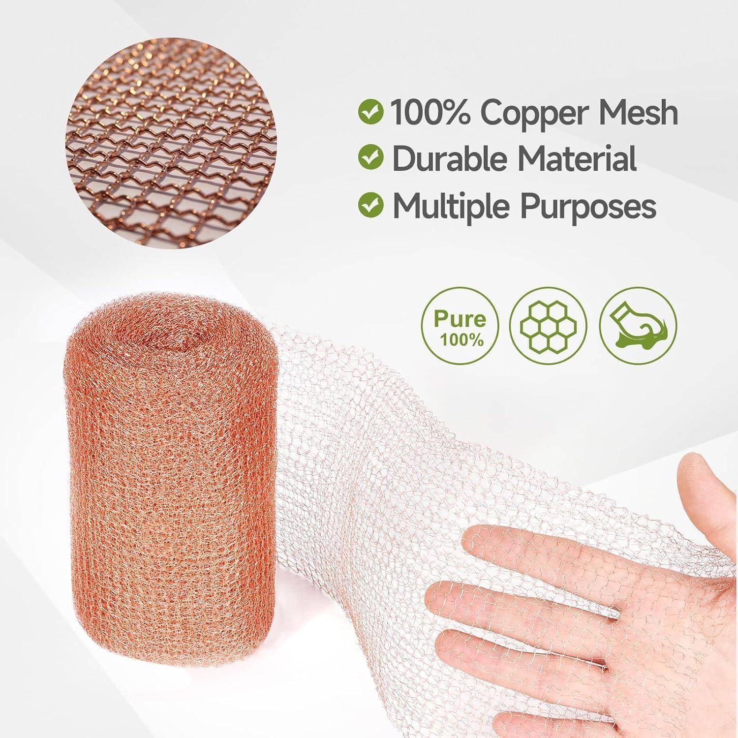 Kupfernetzrolle in der Hand gehalten, gekennzeichnet als 100% Kupfer, strapazierfähiges Material und vielseitig einsetzbar. Kleiner Bereich des Netzes und Symbole werden angezeigt.
