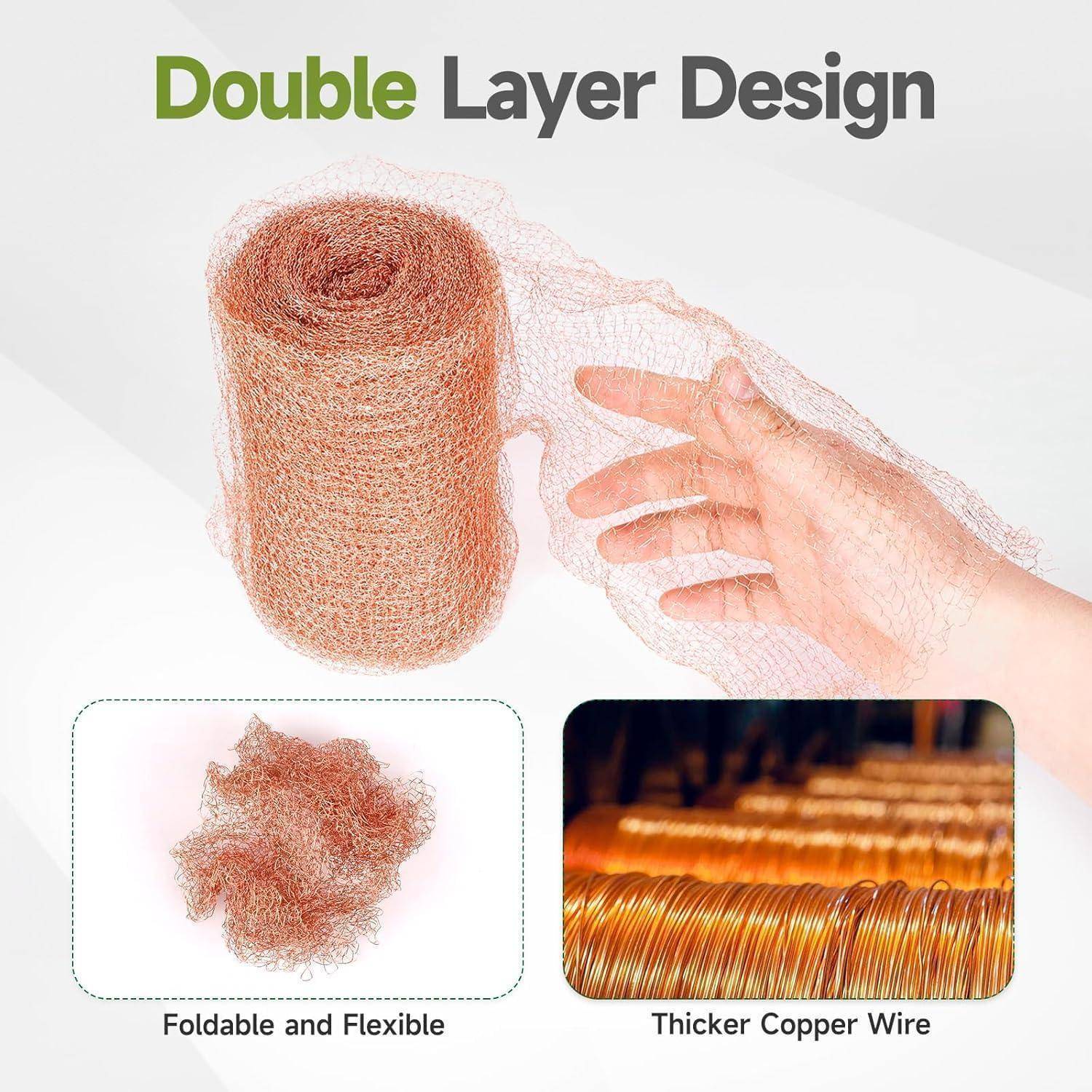 „Doppelschicht-Design" Konzept, das eine Hand zeigt, die ein faltbares Kupfernetz hält, mit hervorgehobenen Eigenschaften wie Flexibilität und dickerer Kupferdraht.