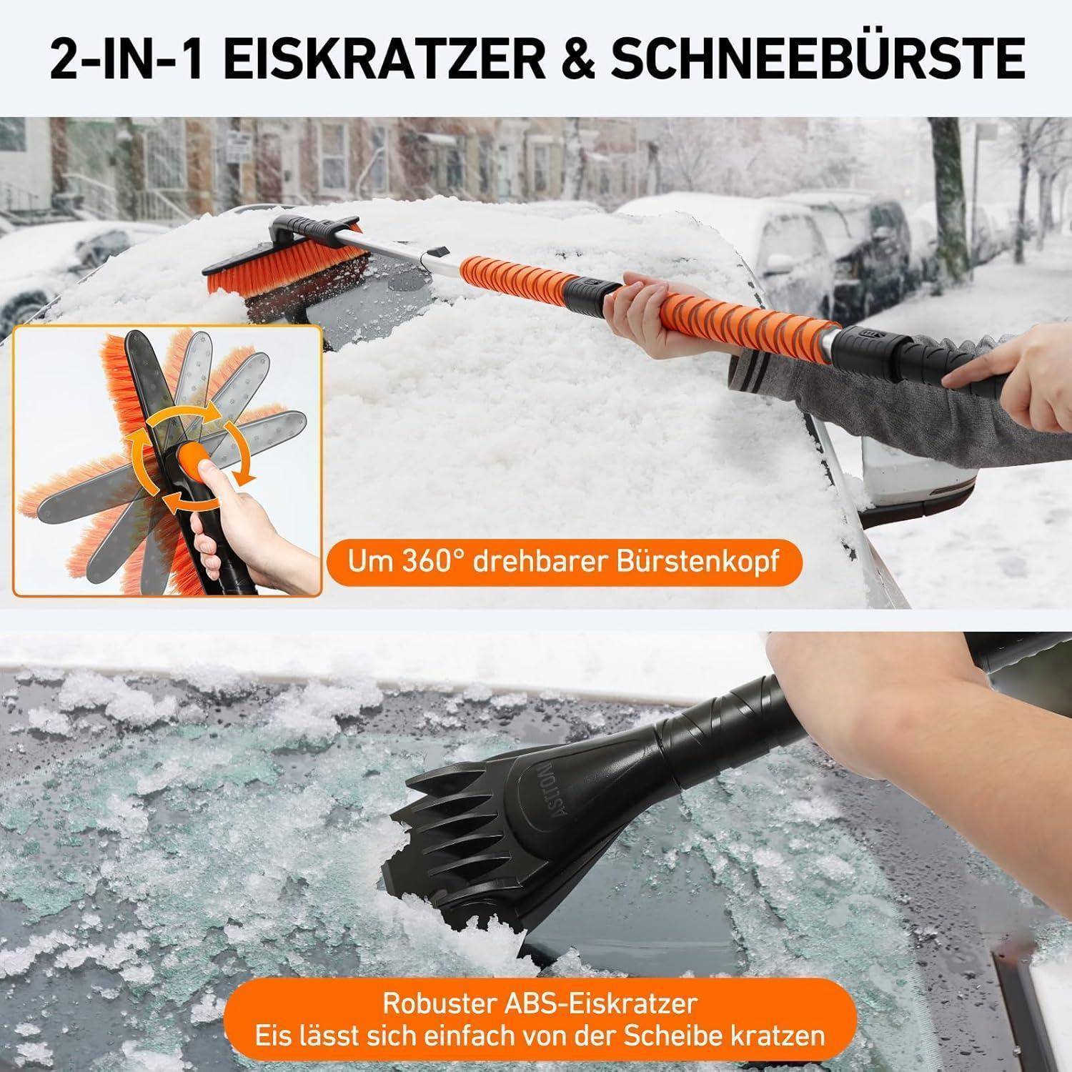 Person, die einen 2-in-1-Eiskratzer und Schneebürste mit einem um 360 Grad drehbaren Bürstenkopf und einem robusten ABS-Kratzer an einem verschneiten Fahrzeug verwendet.