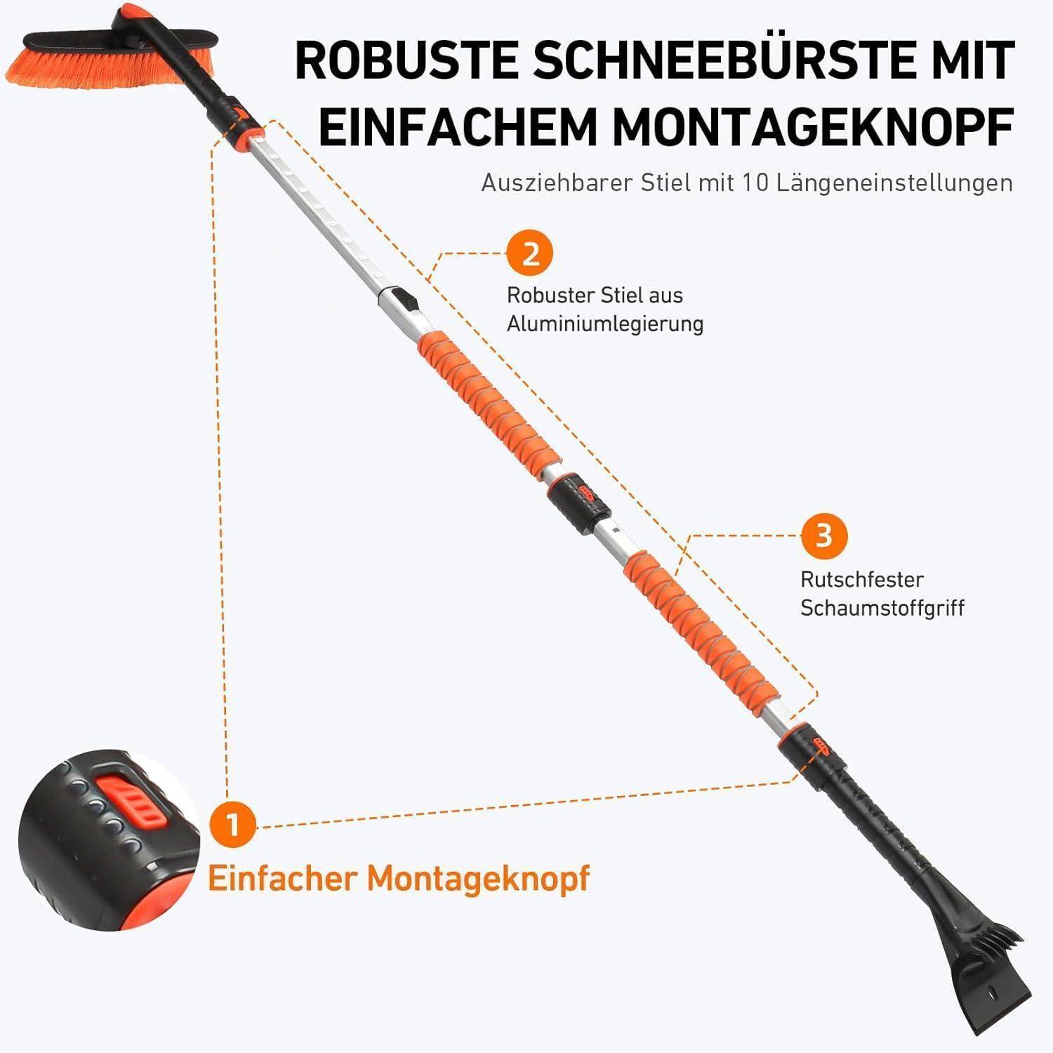 Eine ausziehbare Schneebürste mit robustem Aluminiumlegierung-Griff, ausgestattet mit einer benutzerfreundlichen Montagetaste und rutschfestem Schaumstoffgriff, dargestellt in drei hervorgehobenen Abschnitten.