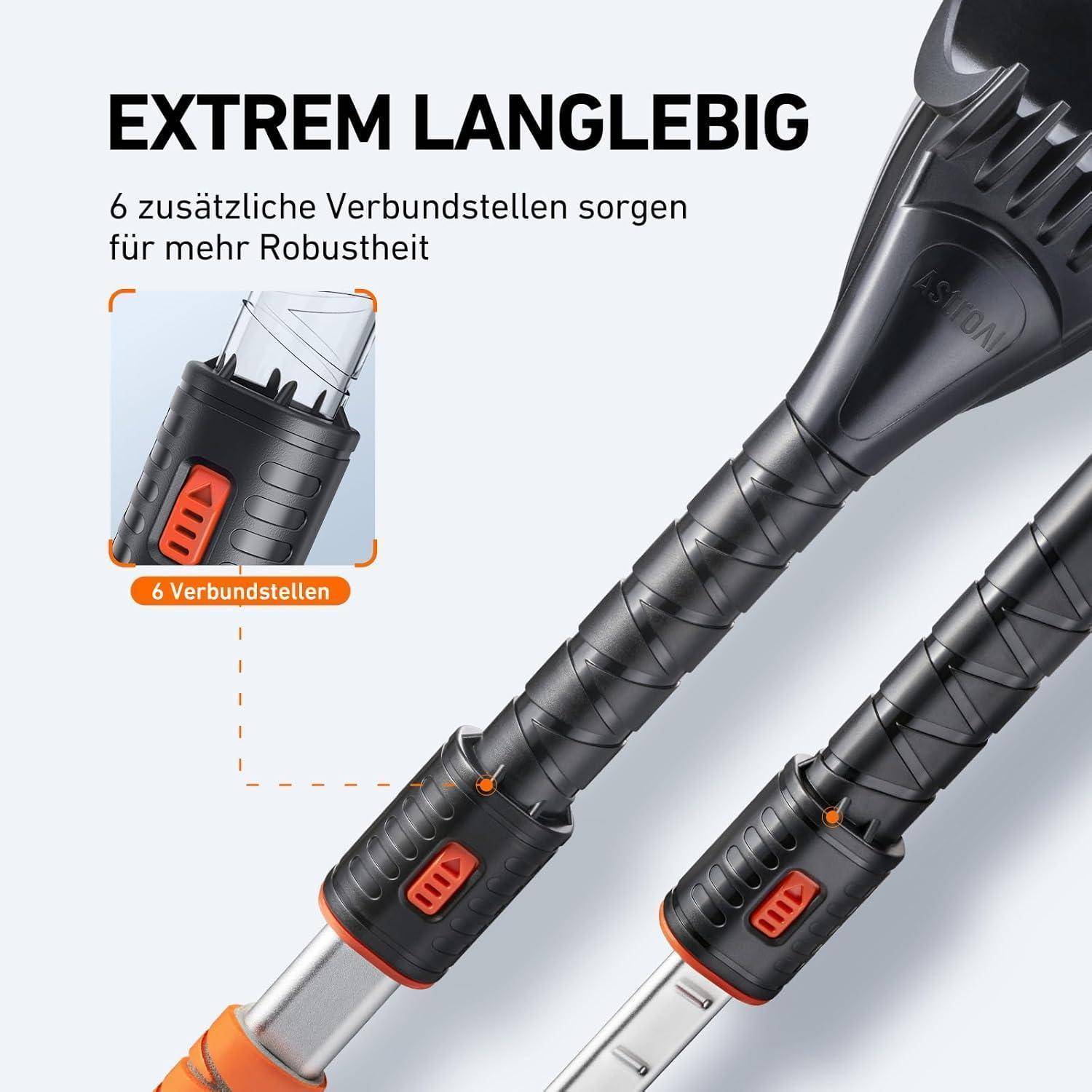 Eine Nahaufnahme eines robusten Werkzeugs mit einem Metall- und schwarzem Rillengriff, ausgestattet mit orangefarbenen Anschlüssen. Deutscher Text hebt seine Widerstandsfähigkeit hervor.